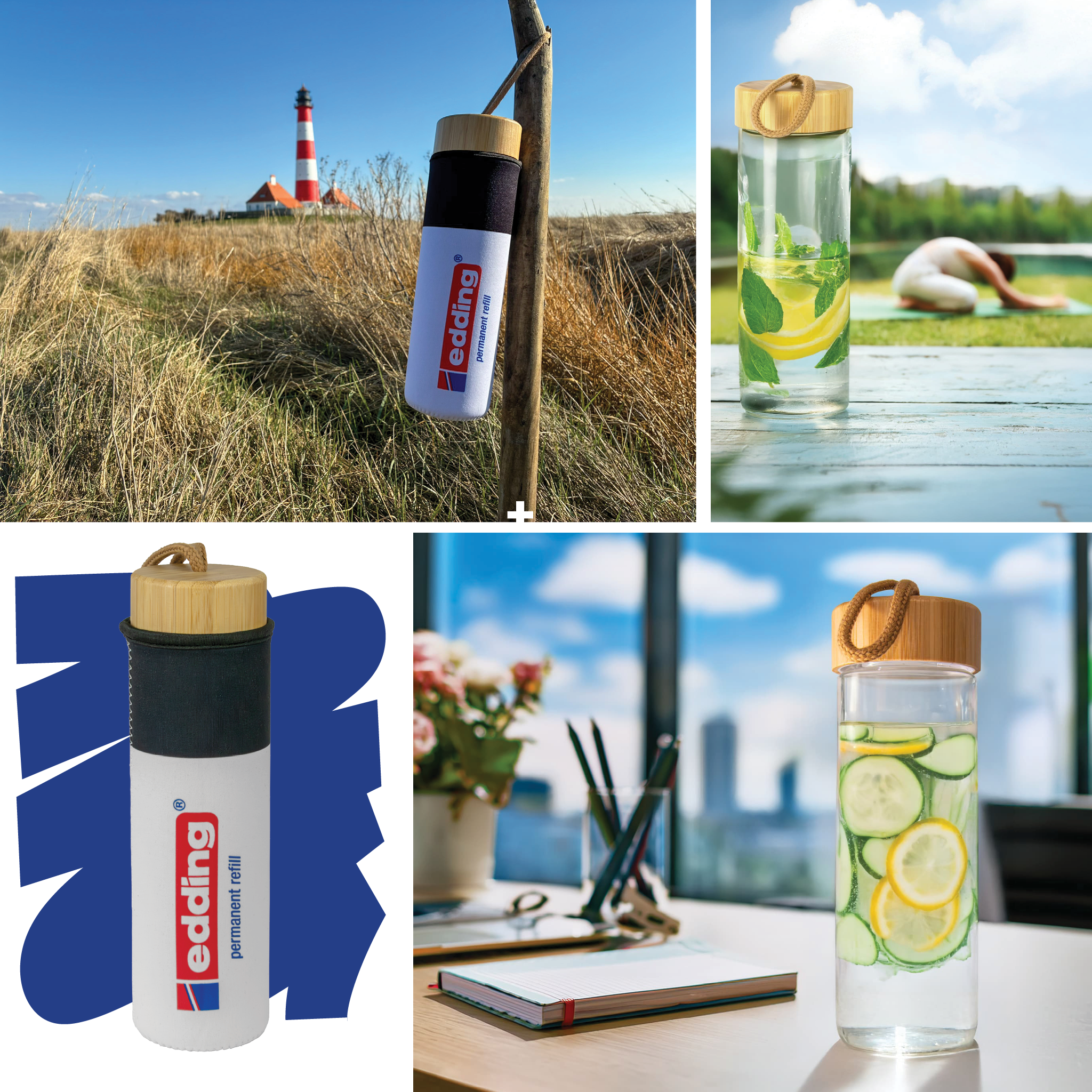 Eine Collage mit einem Leuchtturm, einer wiederverwendbaren Flasche, einer Person, die neben einem Getränk Yoga macht, und einer Nahaufnahme einer weißen Flasche mit Bambusdeckel. Eine mit Fruchtscheiben gefüllte edding Fan-Bundle Glasflasche steht auf einem Schreibtisch mit Blick auf die Stadt.