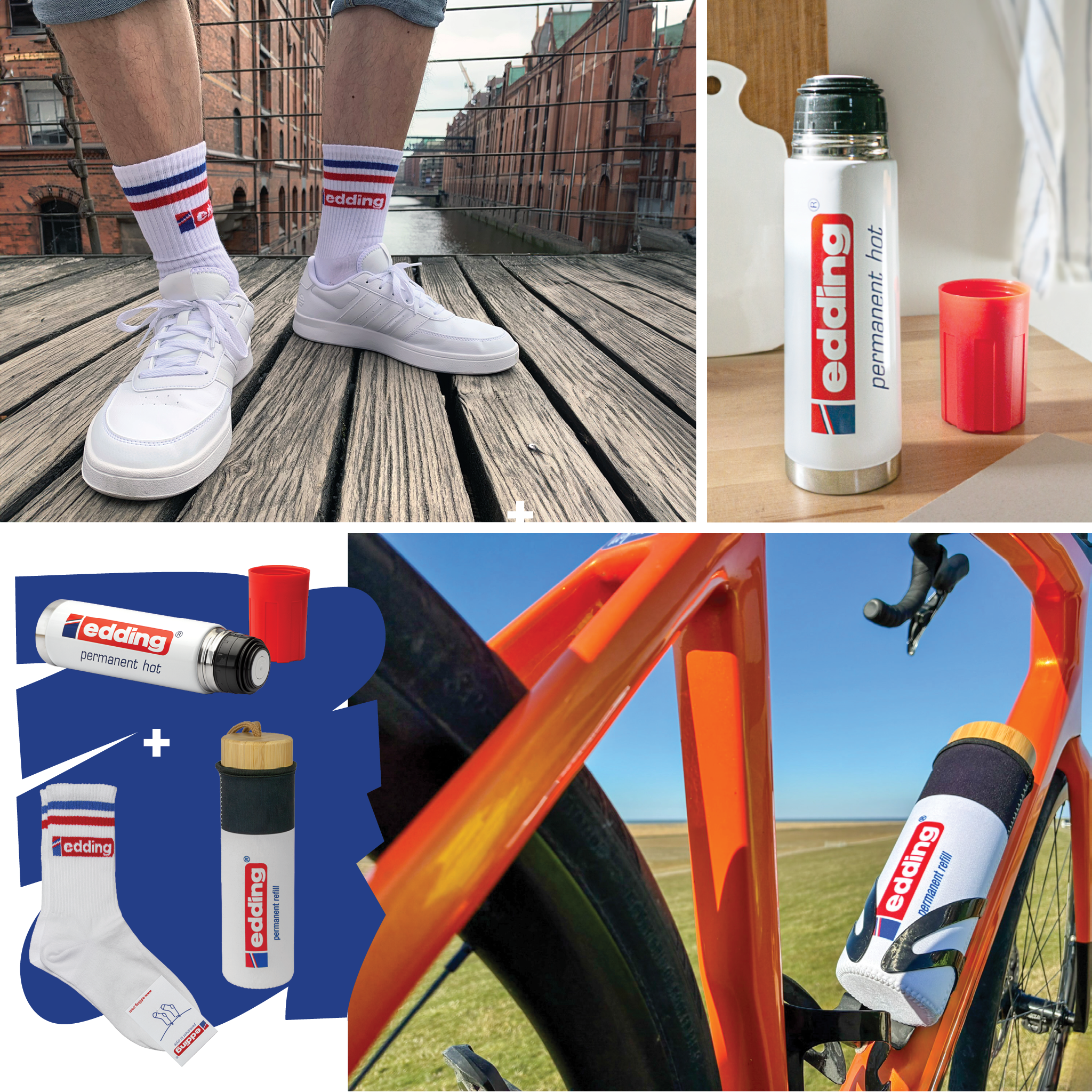 Eine Fotocollage zeigt das edding Fan-Bundle: Oben links sind weiße Schuhe und Tennissocken auf einem Steg zu sehen, oben rechts ist eine edding Isolierkanne mit rotem Deckel zu sehen, unten rechts sind Radsocken auf einem Pedal abgebildet und unten links ist die Thermoskannen- und Sockenverpackung aus dem edding SHOP zu sehen.