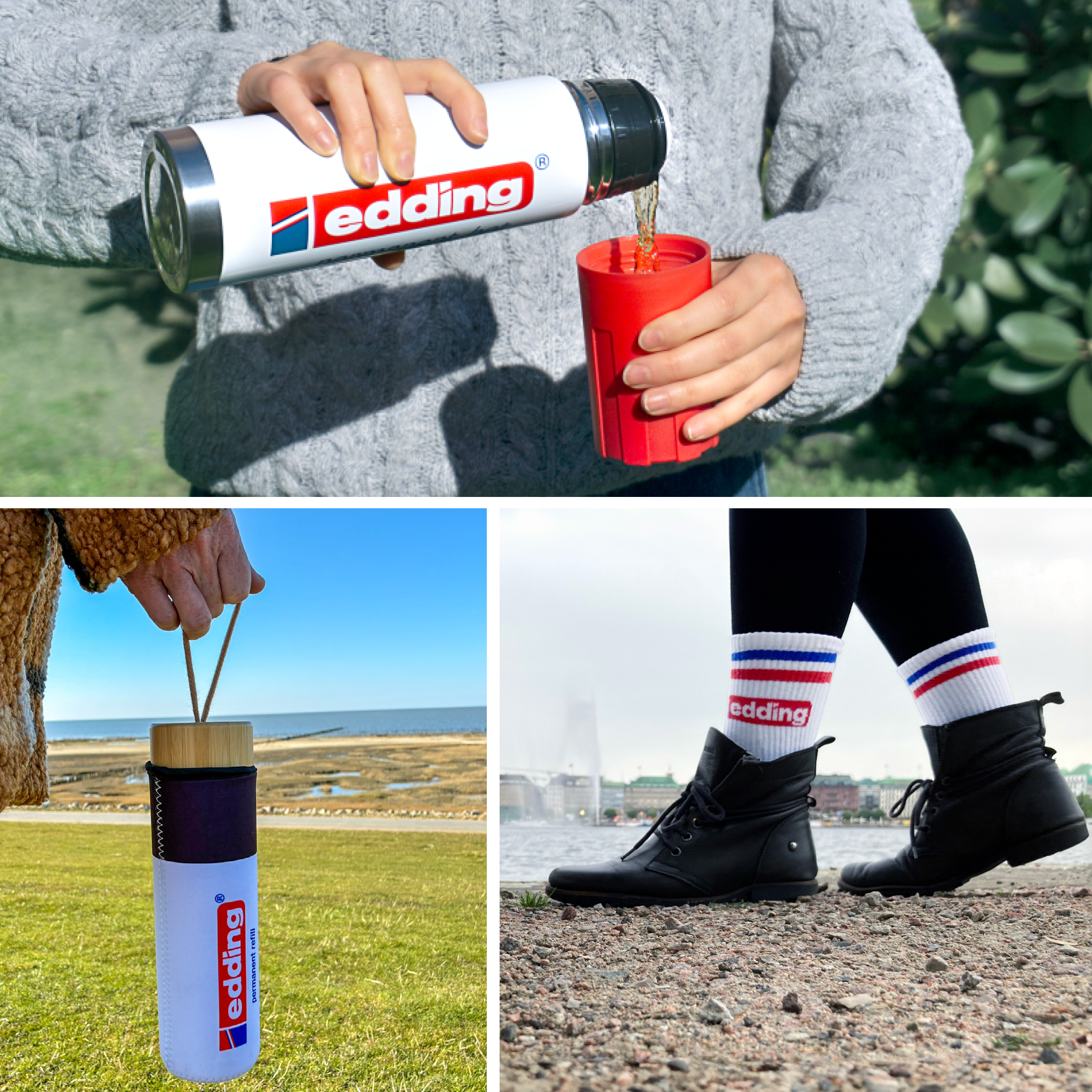 Collage: Das obere Bild zeigt eine Person, die aus einem „edding SHOP“-Fan-Bundle Wasser in einen roten Becher einschenkt. Unten links ist eine Hand zu sehen, die eine Glasflasche mit dem gleichen Etikett hält. Unten rechts ist eine Person zu sehen, die im Freien „edding SHOP“-Tennissocken und schwarze Schuhe trägt.