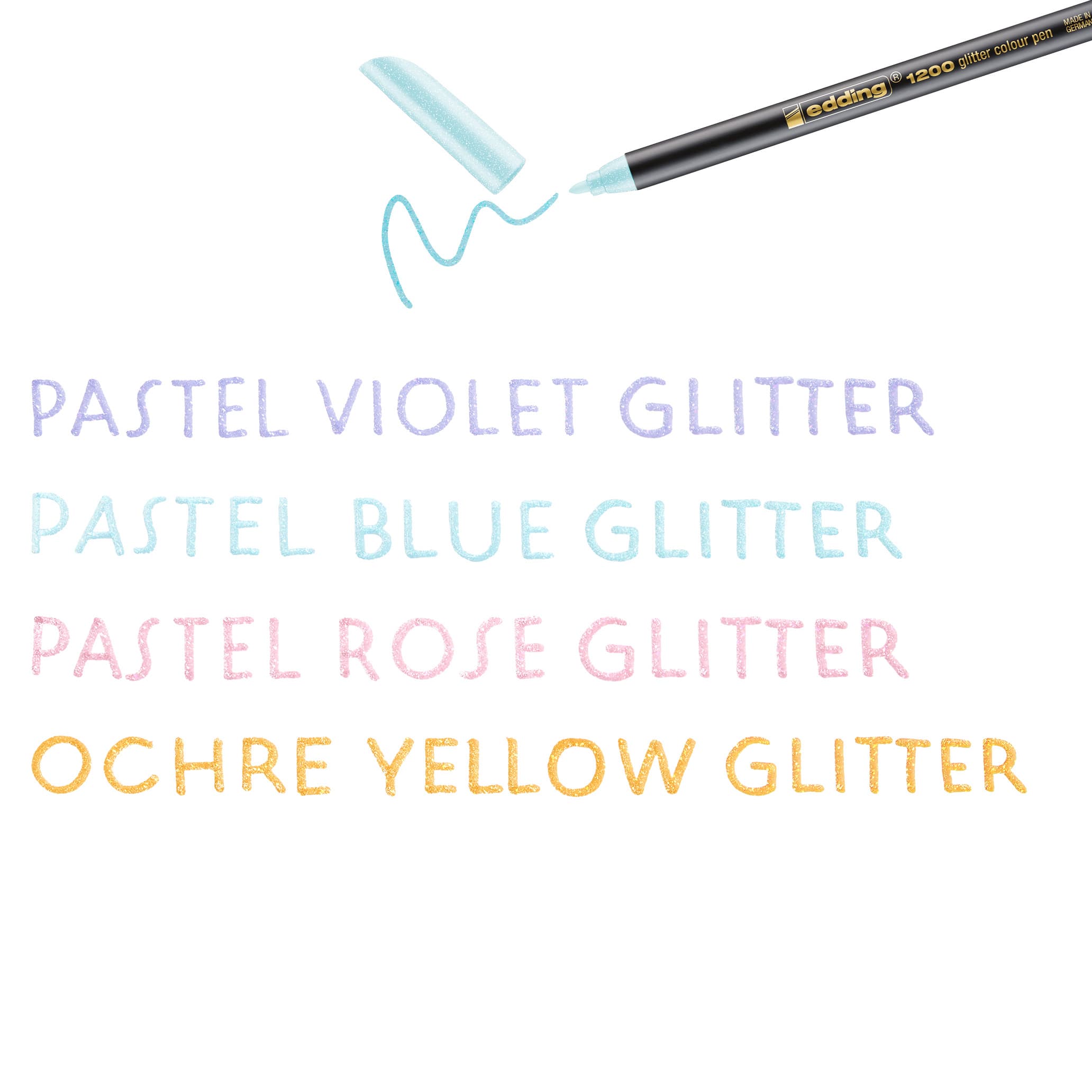 Ein Paket mit einem neuen edding 1200 glitzer Fasermaler 4er-Set mit vier verschiedenen Pastell-Glitzerfarben, ideal für kreative und funkelnde Schreib- oder Zeichenprojekte.