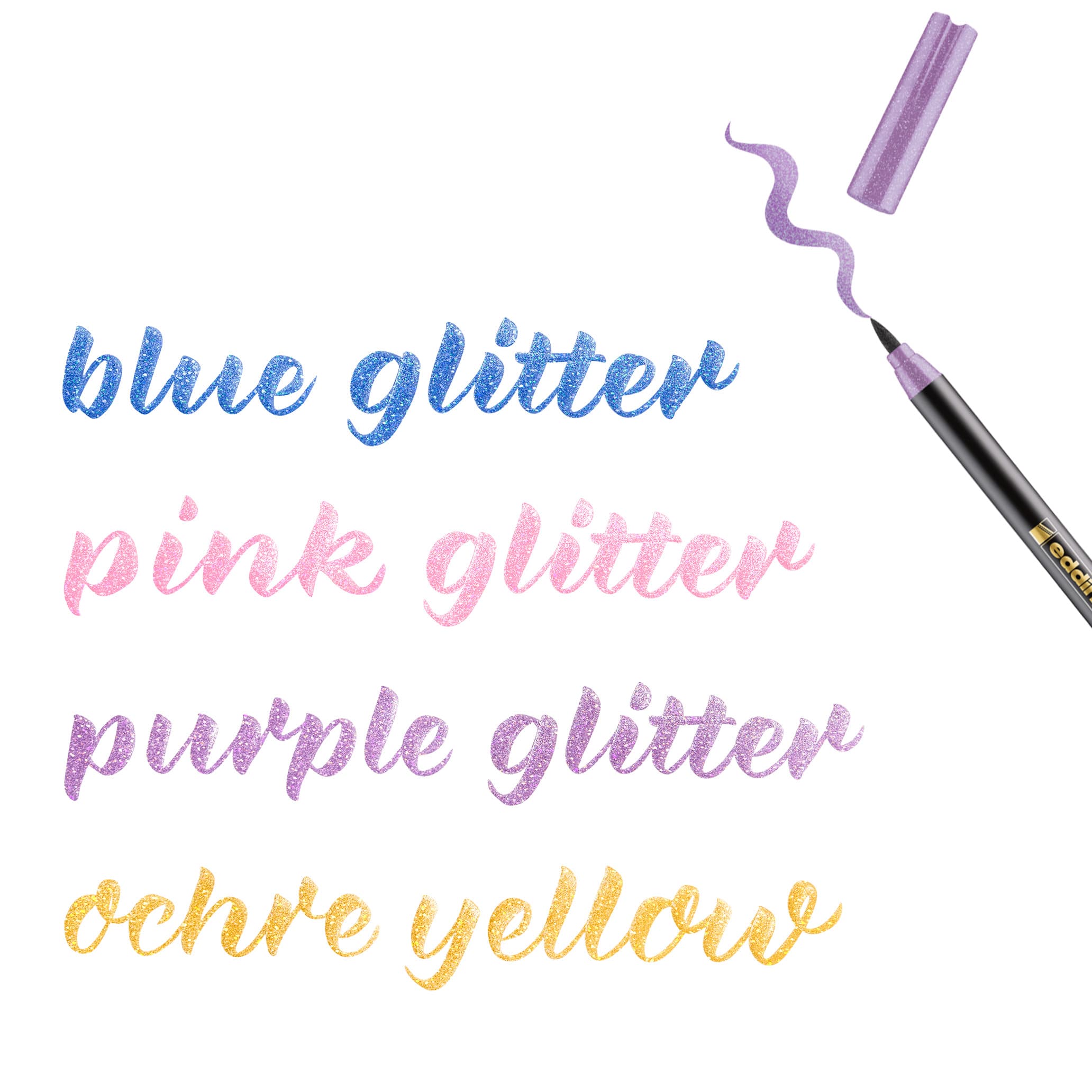 Eine Packung mit vier edding 1340 glitzer Pinselstiften in leuchtenden Farben, mit flexibler Pinselspitze für variable Strichbreite, ideal für Handlettering und kreative Kunstwerke.
