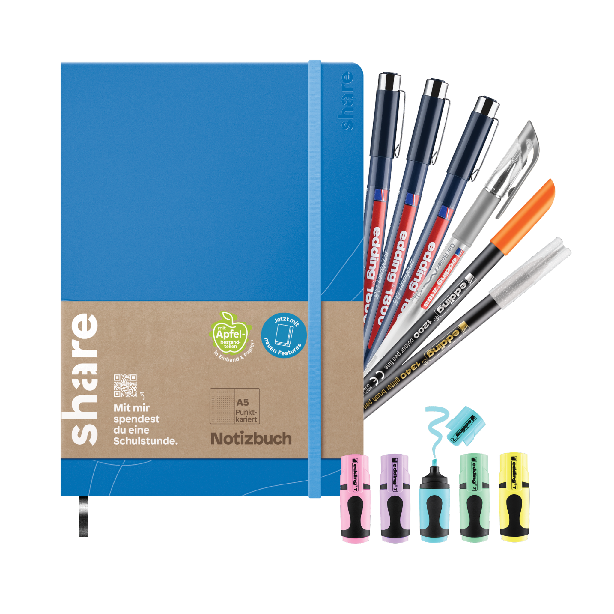 Das Kreatives Journaling-Bundle von edding enthält ein blaues Notizbuch mit braunem Etikett, vier Stifte, einen Bleistift, einen Metallic-Stift und fünf pastellfarbene Textmarker – rosa, grün, gelb, blau und lila – alle mit abdrehbaren Kappen. Perfekt für kreative Journaling-Abenteuer!.