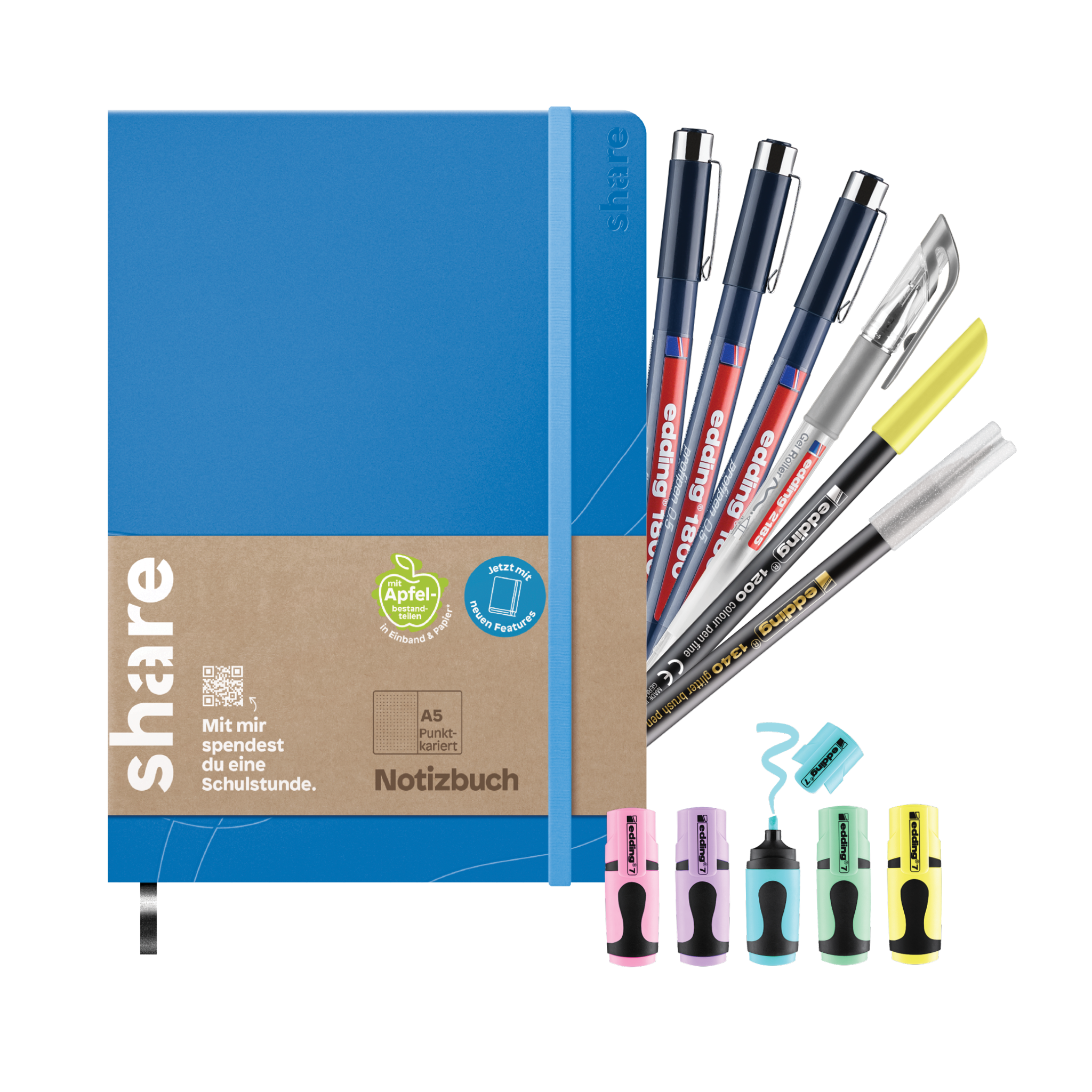 Ein blaues Notizbuch A5 mit „share“ auf dem Cover, einem Gummiband, verschiedenen Stiften und vier pastellfarbenen Textmarkern in Pink, Gelb, Grün und Lila werten Dein edding Kreatives Journaling-Bundle auf. Deutscher Text ziert die Kartonhülle.