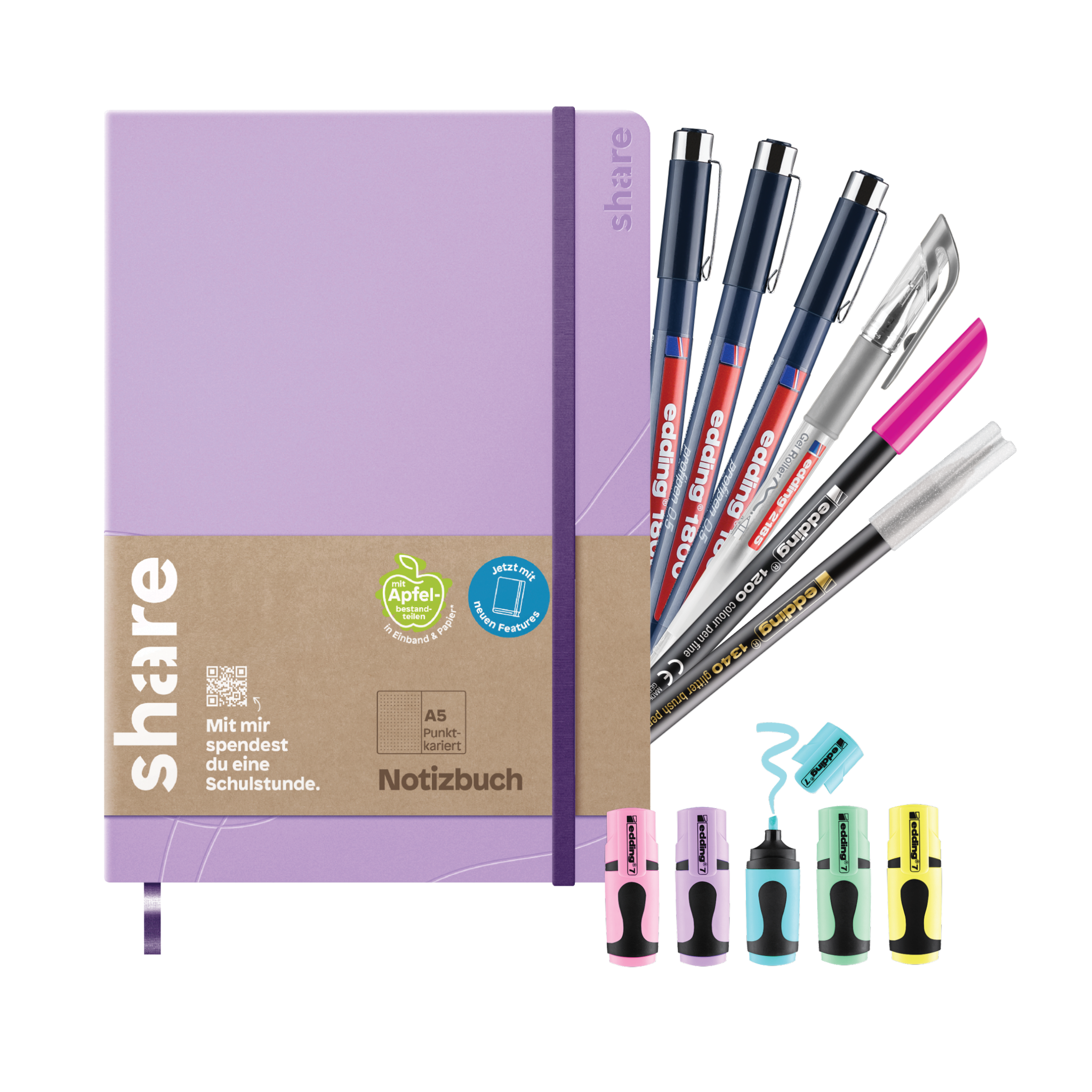 Ein lilafarbenes Notizbuch A5 mit Papphülle, fünf Stiften, einer Schere und pastellfarbenen Textmarkern sind Teil des Kreatives Journaling-Bundles: Dein Begleiter für Selbstreflexion und Kreativität von edding, mit verschiedenen Logos und Texten.