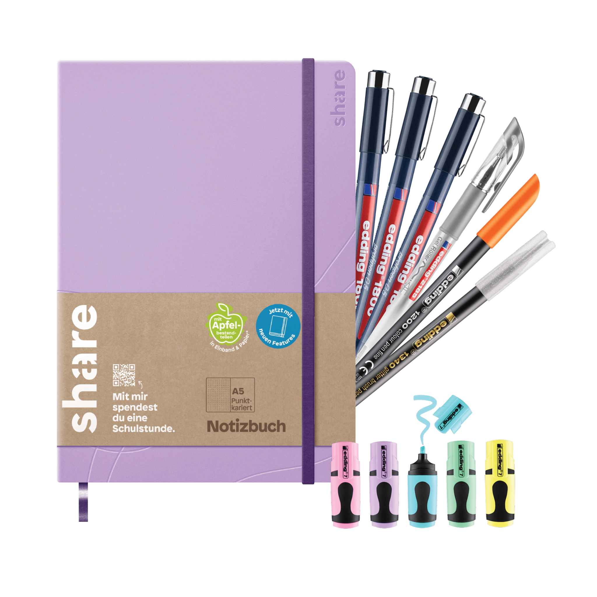 Ein leuchtend lila Notizbuch A5 mit „Teilen“- und Nachhaltigkeits-Labels, gepaart mit eddings Kreatives Journaling-Bundle – Ihr perfekter Begleiter für Selbstreflexion und Kreativität. Enthält fünf stylische Stifte und sechs Handlettering Starterset Textmarker in Pink, Grün, Gelb, Blau und Orange.
