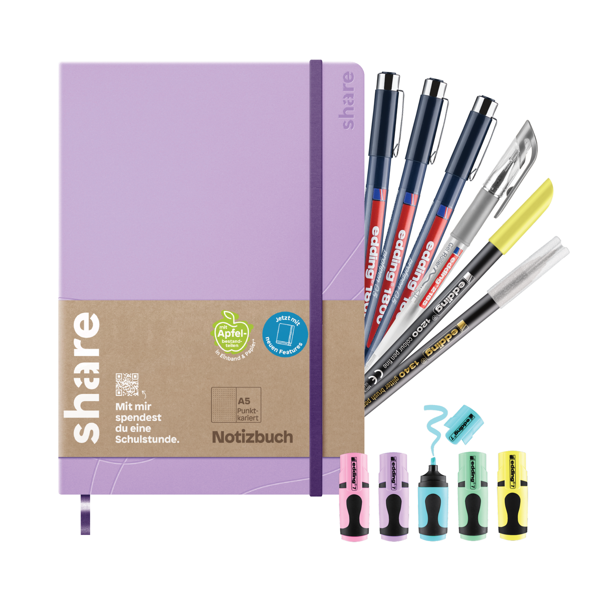 Das Kreatives Journaling-Bundle von edding, bestehend aus einem lila A5-Notizbuch mit der Aufschrift „share“, sechs Farbstiften und fünf pastellfarbenen Textmarkern, hebt sich elegant von einem weißen Hintergrund ab, wodurch sein Design und seine leuchtenden Farben hervorgehoben werden.
