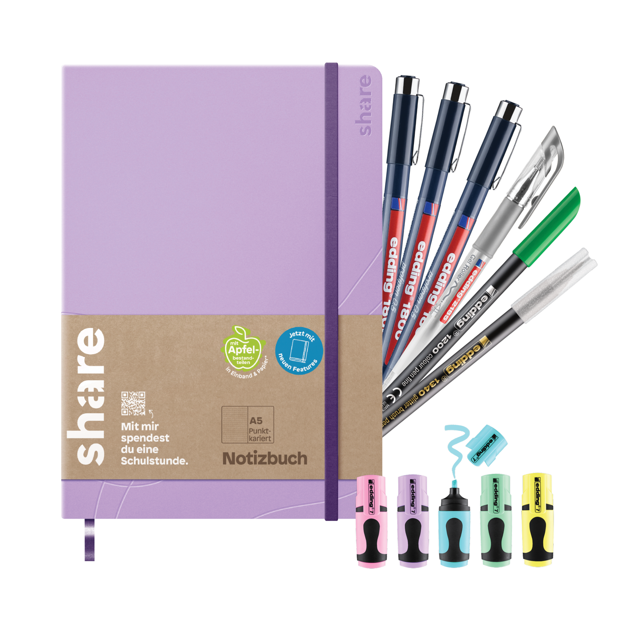 Das edding Kreatives Journaling-Bundle enthält ein lila Notizbuch A5 mit „share“-Branding, fünf Stifte in verschiedenen Farben und vier pastellfarbene Textmarker. Auf dem Band des Notizbuchs steht eine Schulspende und ist somit perfekt für Kreativitäts- und Selbstreflexionsbegeisterte!.