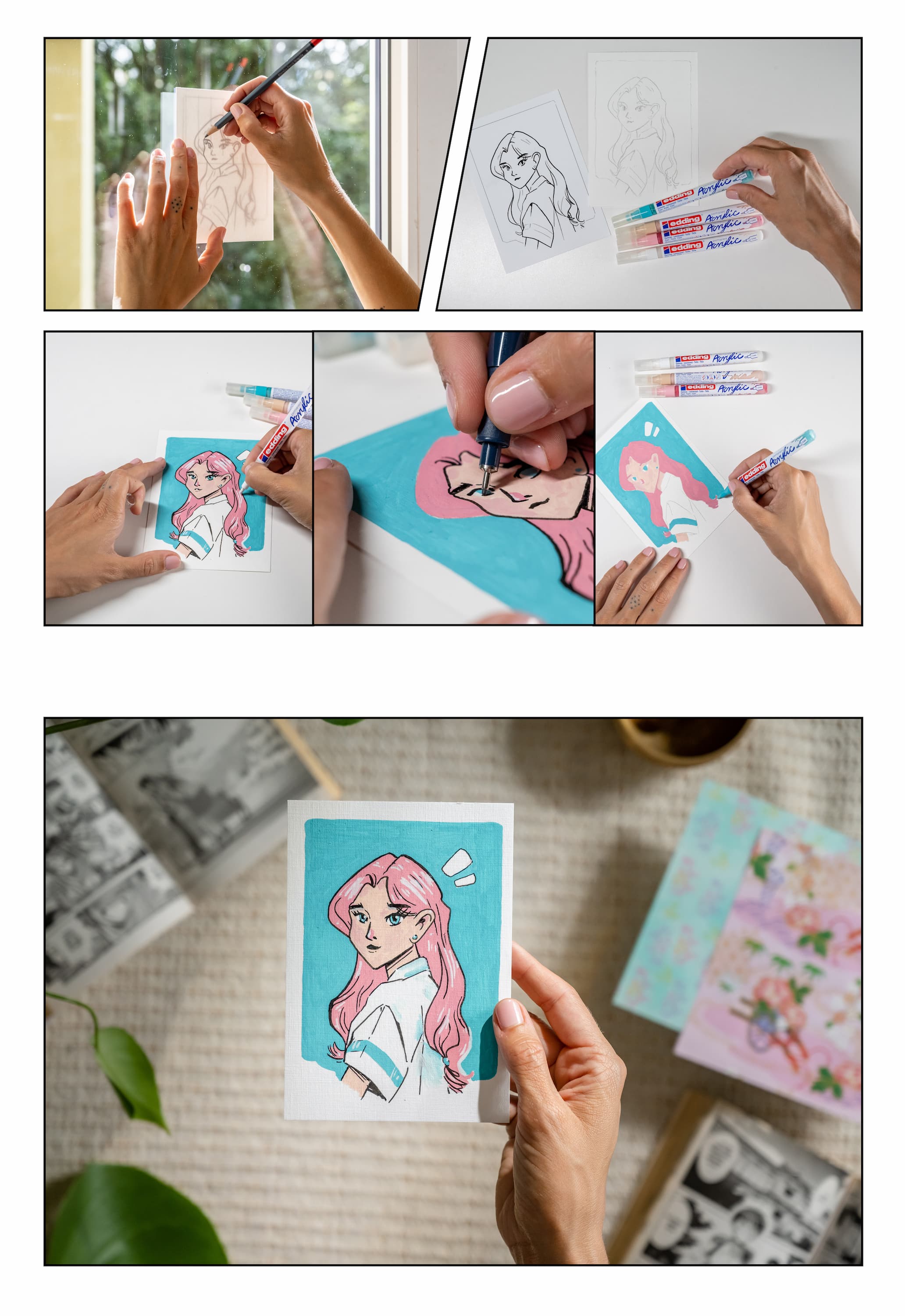 Schritt-für-Schritt-Illustration eines Künstlers, der eine handgezeichnete und farbige edding Acryl Kreativset Manga-Figur auf einer Karte erstellt, von der ersten Skizze bis zum fertigen, lebendigen Kunstwerk.