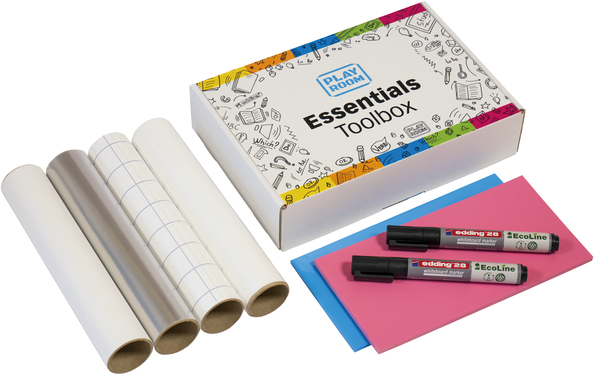 Die farbenfrohe Playroom Essentials Kreativbox Magic-Chart ist mit verspielten Kritzeleien umrandet und wird von vier weißen Papierrollen, zwei trocken abwischbaren Markern, einem blauen und einem rosa Blatt umgeben.