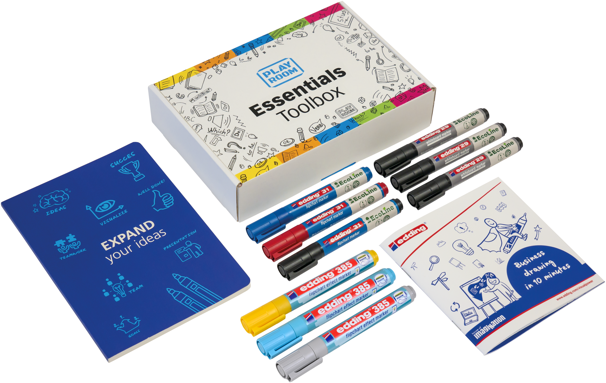 Die PLAYROOM ESSENTIALS Kreativbox Visualisierung von Playroom enthält farbenfrohe Utensilien wie Marker, ein blaues Notizbuch mit der Aufschrift "Expand your ideas" und einen Notizblock mit dem Titel "Business sketching in 10 minutes".