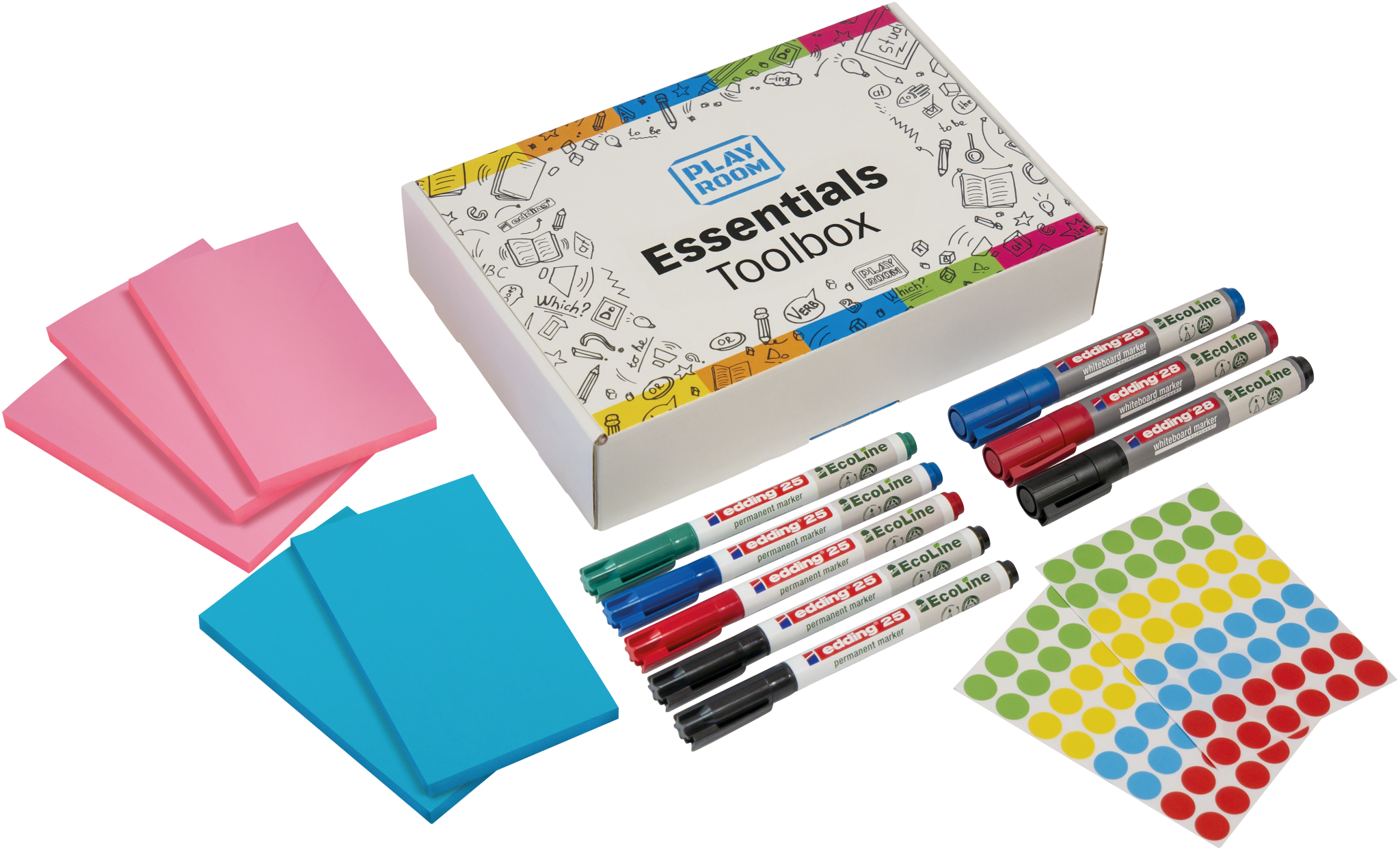Die PLAYROOM ESSENTIALS Kreativbox Workshop von Playroom enthält rosafarbene und blaue Haftnotizen, verschiedene trocken abwischbare Marker und runde farbige Aufkleberbögen.