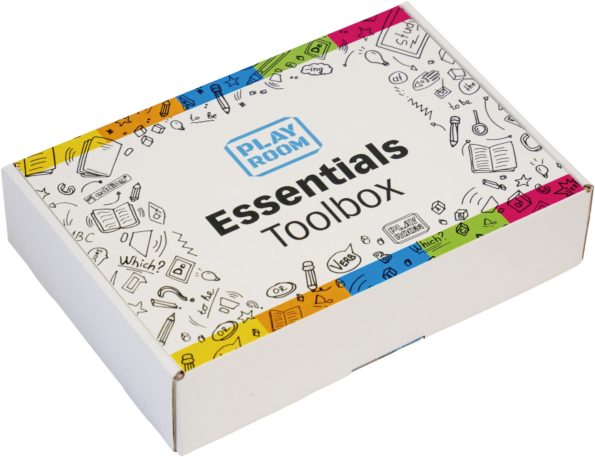 Eine weiße Box mit der Aufschrift "PLAYROOM ESSENTIALS Kreativbox Workshop" von Playroom, mit bunten Rändern und verspielten Kritzeleien von Büchern, Glühbirnen und Schreibwaren, die die Ränder schmücken.