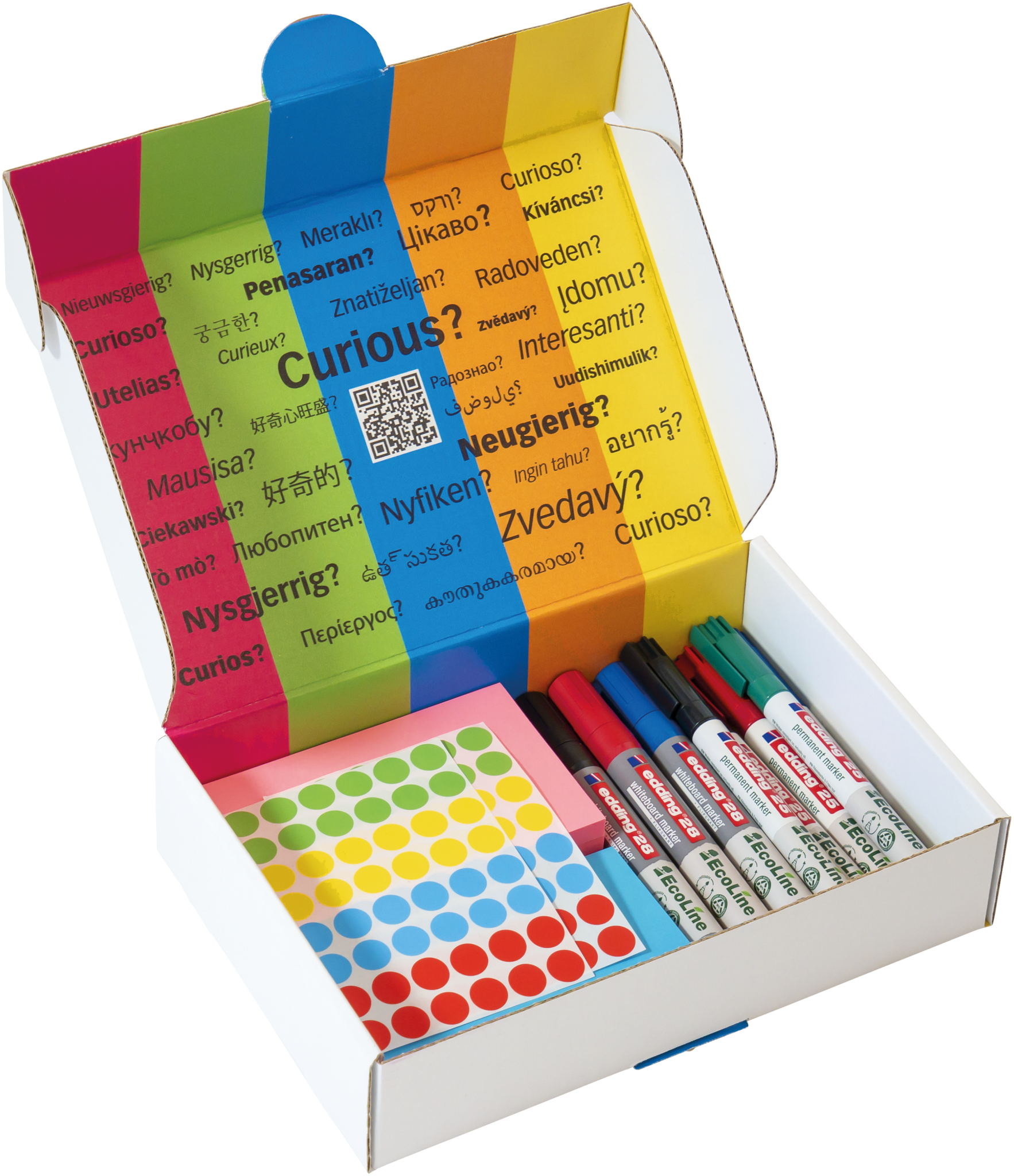 Die PLAYROOM ESSENTIALS Kreativbox Workshop von Playroom enthält bunte Haftnotizen, Punktaufkleber und Marker in einer offenen Box. Auf dem Innendeckel steht "Curious?" mit Übersetzungen auf einem regenbogenfarbigen Hintergrund.