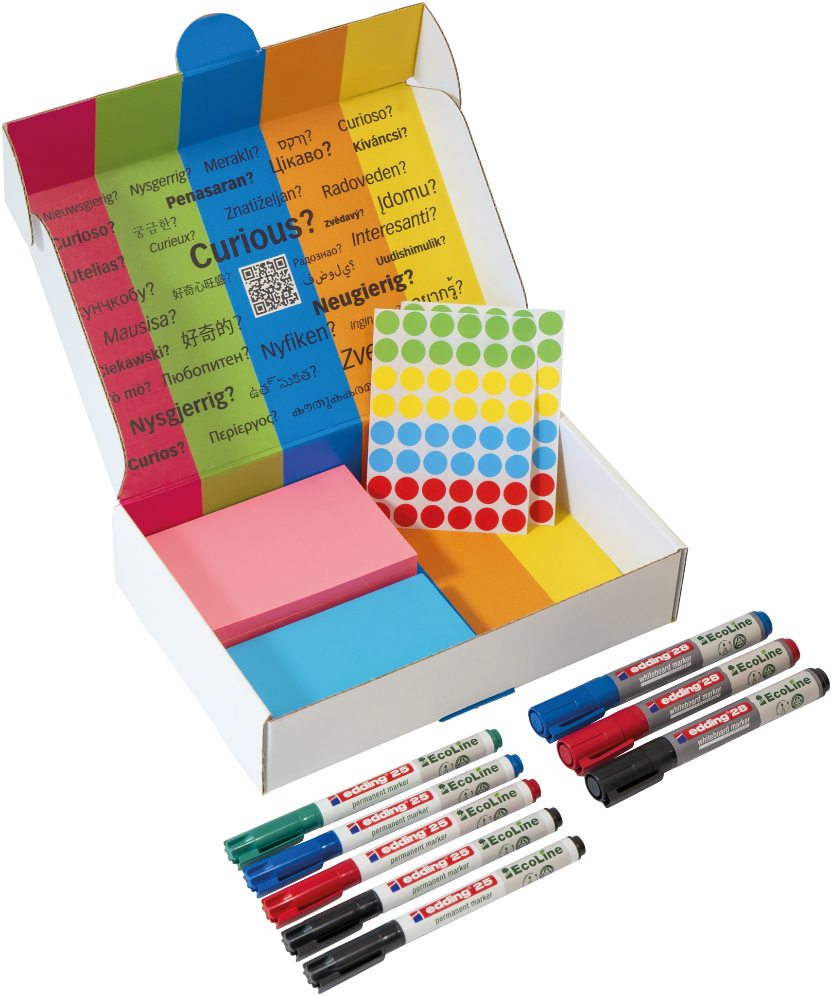 Die PLAYROOM ESSENTIALS Kreativbox Workshop von Playroom enthält bunte Haftnotizen, eine Karte mit bunten Punktaufklebern und verschiedene Stifte. Der Innendeckel fragt "Neugierig?" in mehreren Sprachen.