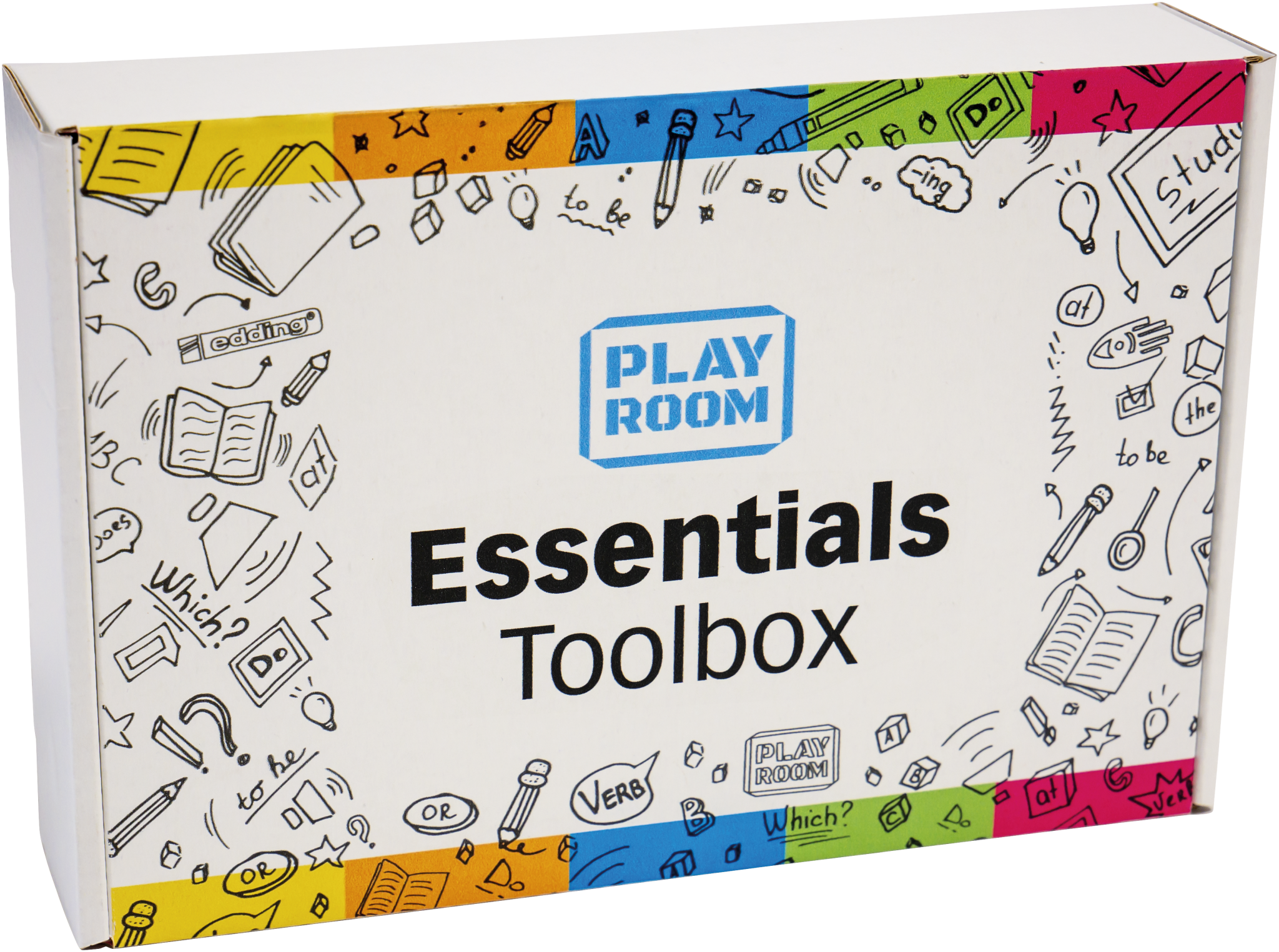 Eine weiße Schachtel mit der Aufschrift "PLAYROOM ESSENTIALS Kreativbox Workshop" von Playroom, mit bunten Bordüren und Kritzeleien von Büchern, Glühbirnen und Schreibwaren auf der Verpackung.