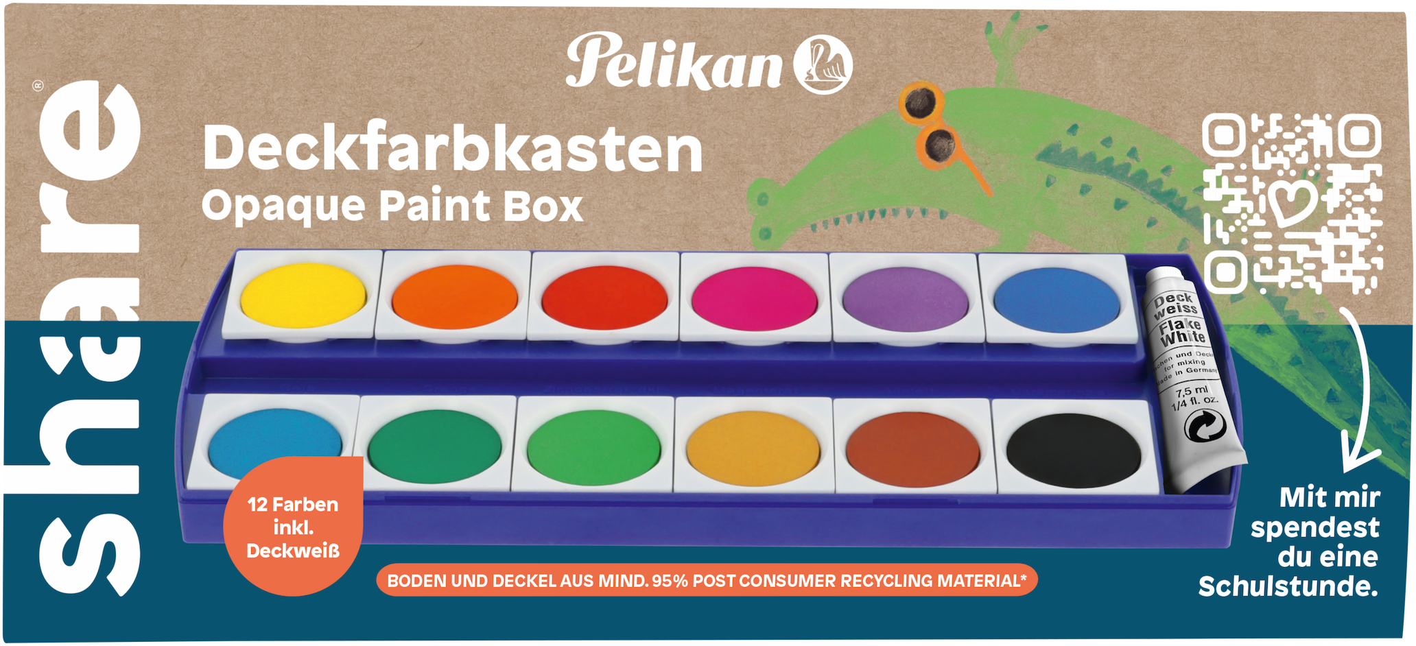 Der share Deckfarbenkasten 12 Farben von share beinhaltet 12 runde Farben, einen Pinsel und eine Tube weiße Farbe in einer bunten Verpackung mit grünem Krokodil und Infotext in Deutsch und Englisch.