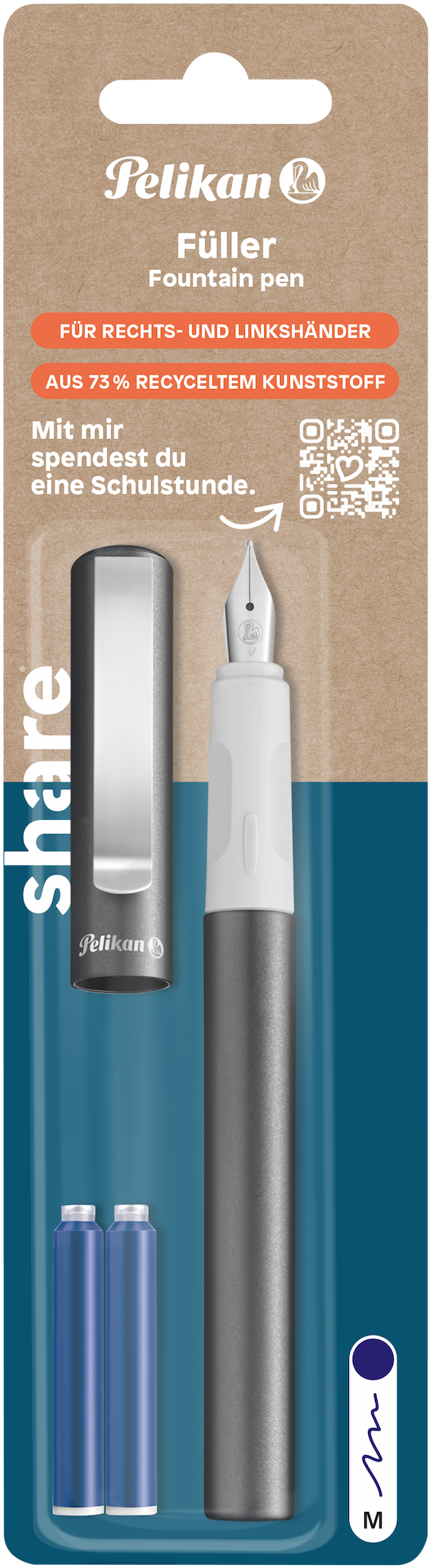 Der share Füller M inkl. 2 Patronen von share wird in einer umweltfreundlichen Verpackung geliefert, enthält einen grau-weißen Stift aus 73 % recyceltem Kunststoff, zwei Ersatztintenpatronen, eine Kappe und ist für Rechts- und Linkshänder geeignet, um einen nachhaltigen Konsum zu unterstützen.