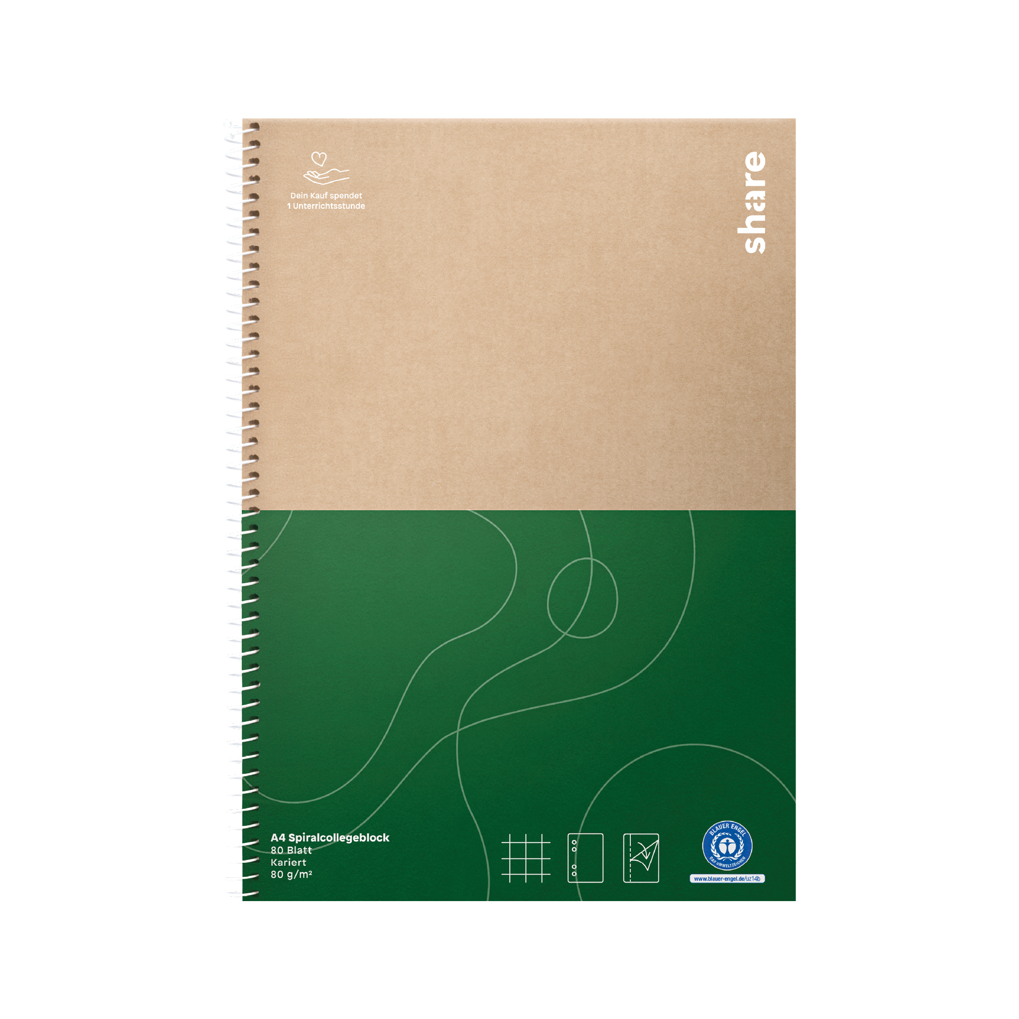 The share Spiral-Collegeblock features a brown and green cover with a white logo and text on the brown top, abstract lines on the green bottom, is made from "recyceltes Papier," includes sustainability icons, size specs, and is "Blauer Engel" certified.