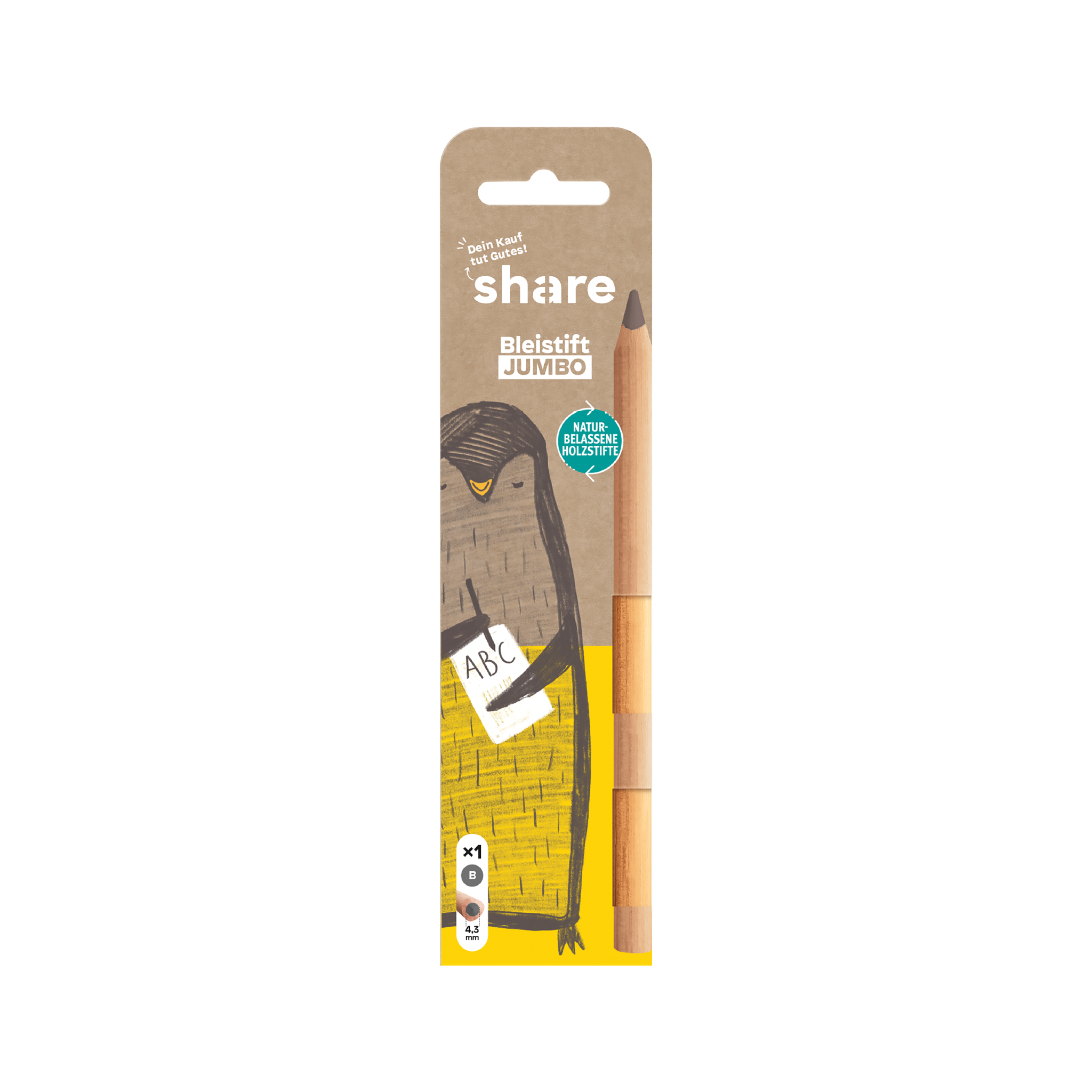 Eine Aktie Bleistift Jumbo B, verpackt mit einem verspielten Tiercharakter-Design auf einer Kartonrückwand, die seine umweltfreundlichen und bild