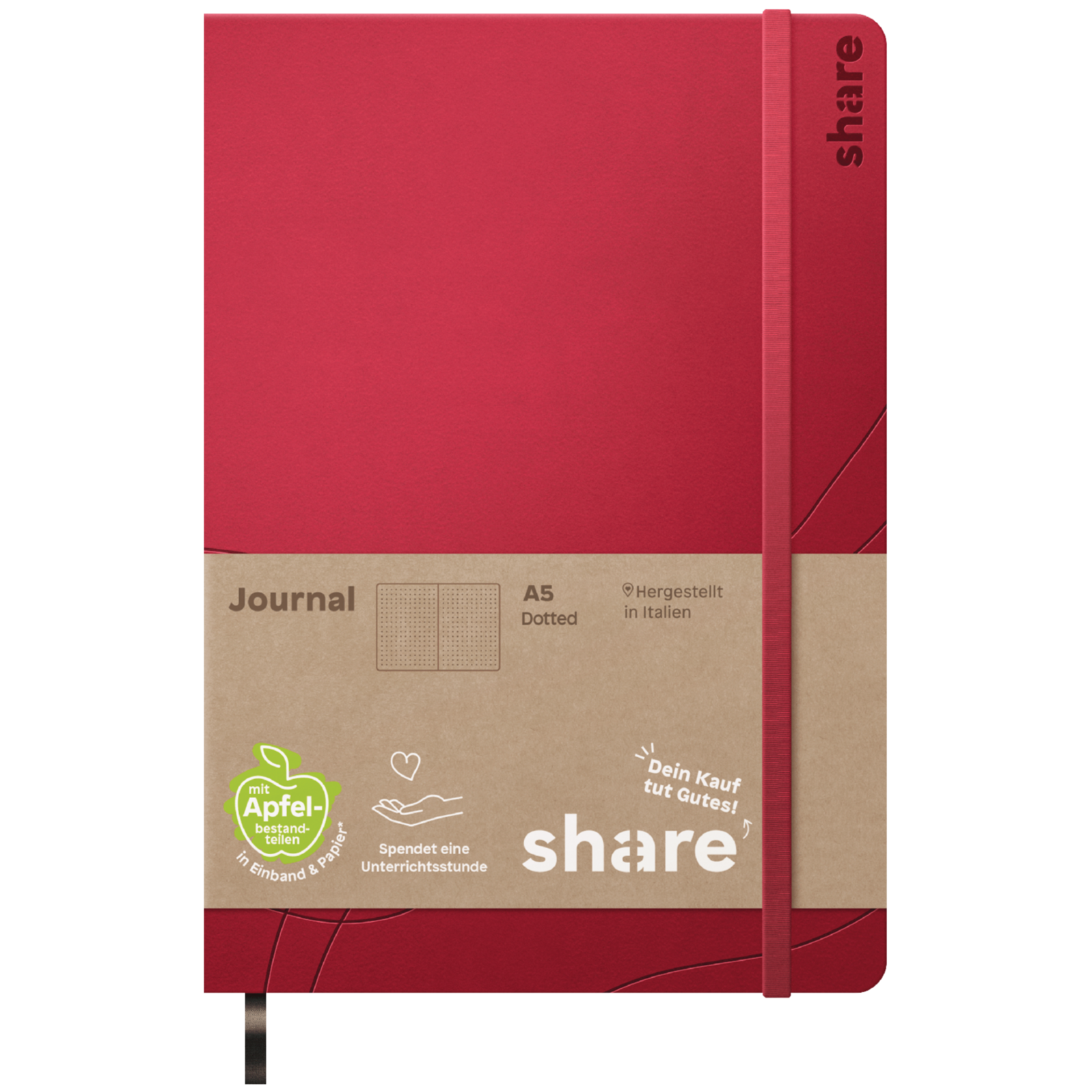 Ein rotes Share Notizbuch A5 mit einem elastischen Verschluss und einem braunen Kraftpapieretikett unten, das eine Bildungsinitiative fördert.