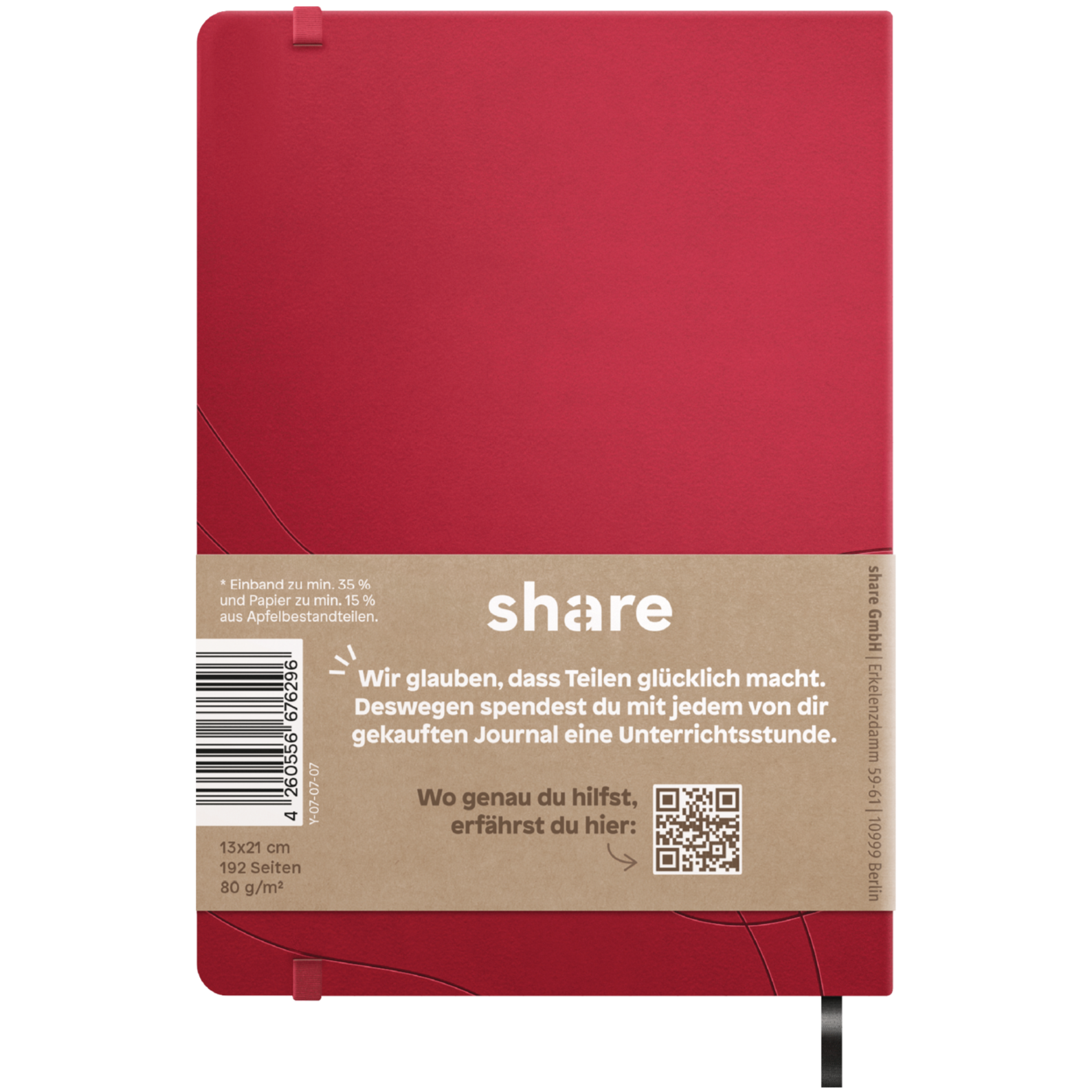 Ein rotes Share Notizbuch A5 mit einem elastischen Verschluss und einem braunen Kraftpapieretikett unten, das eine Bildungsinitiative fördert.