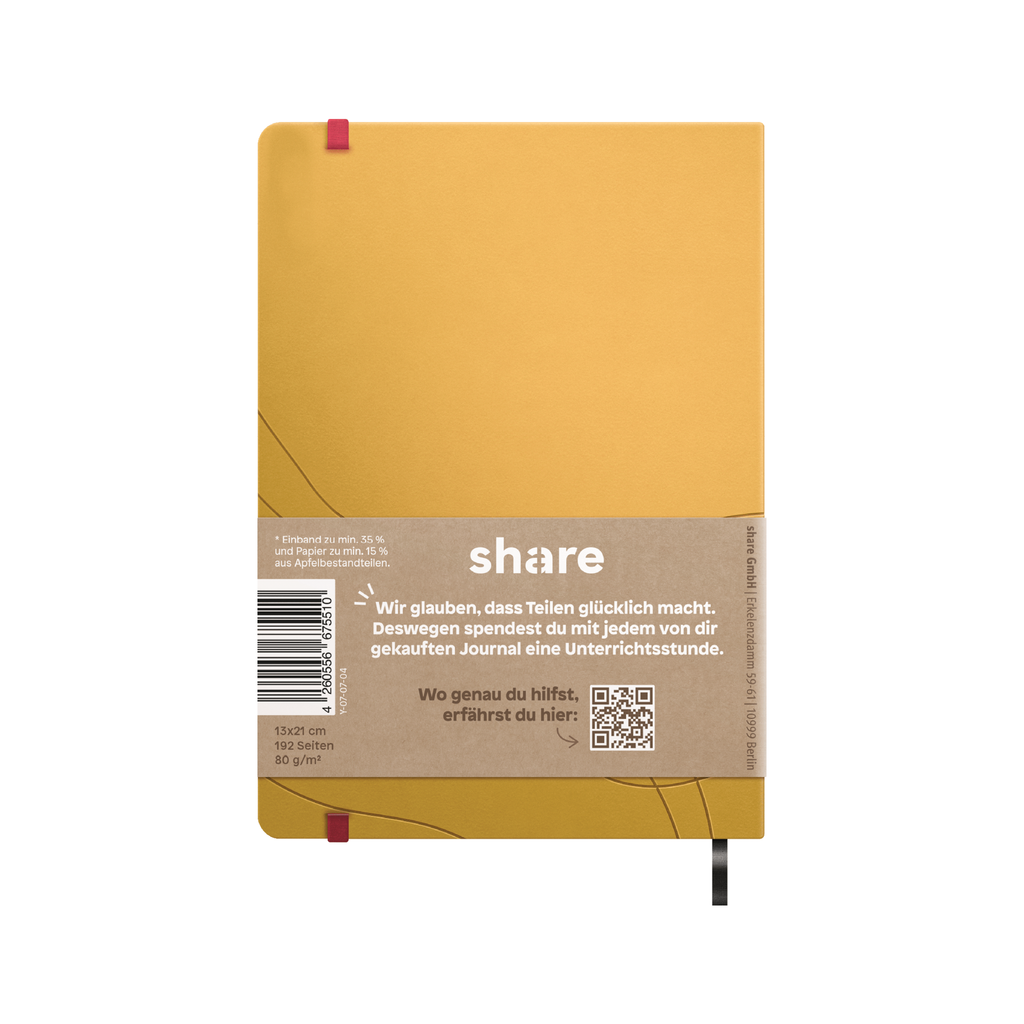 Ein lila Share Notizbuch A5 mit einem elastischen Verschluss und einem braunen Kraftpapieretikett unten, das eine Bildungsinitiative fördert.