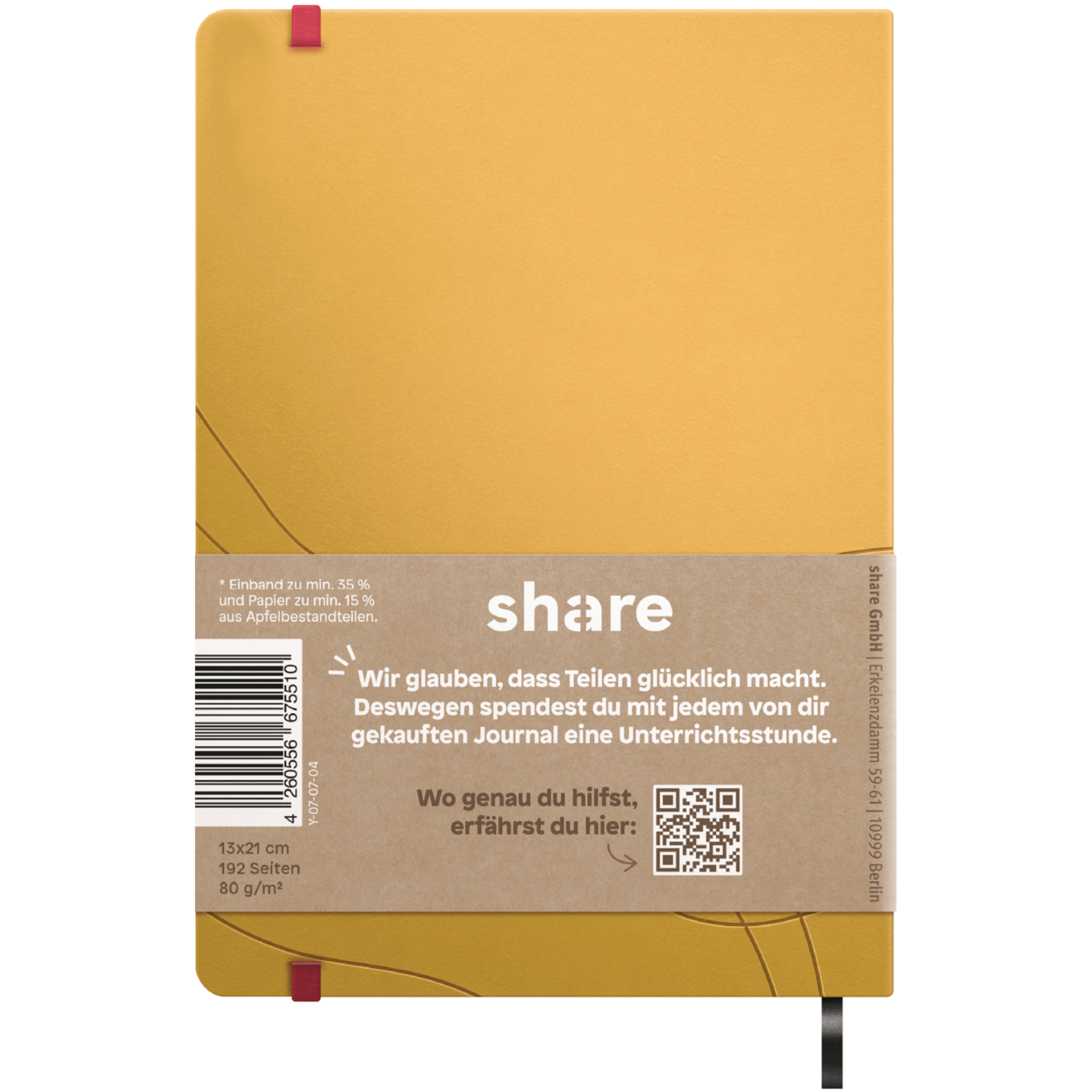 Ein gelbes Share Notizbuch A5 mit einem elastischen Verschluss und einem braunen Kraftpapieretikett unten, das eine Bildungsinitiative fördert.