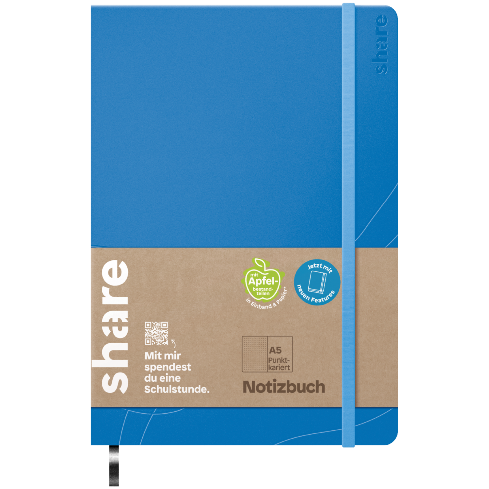 Ein hellblaues Share Notizbuch A5 mit einem elastischen Verschluss und einem braunen Kraftpapieretikett unten, das eine Bildungsinitiative fördert.