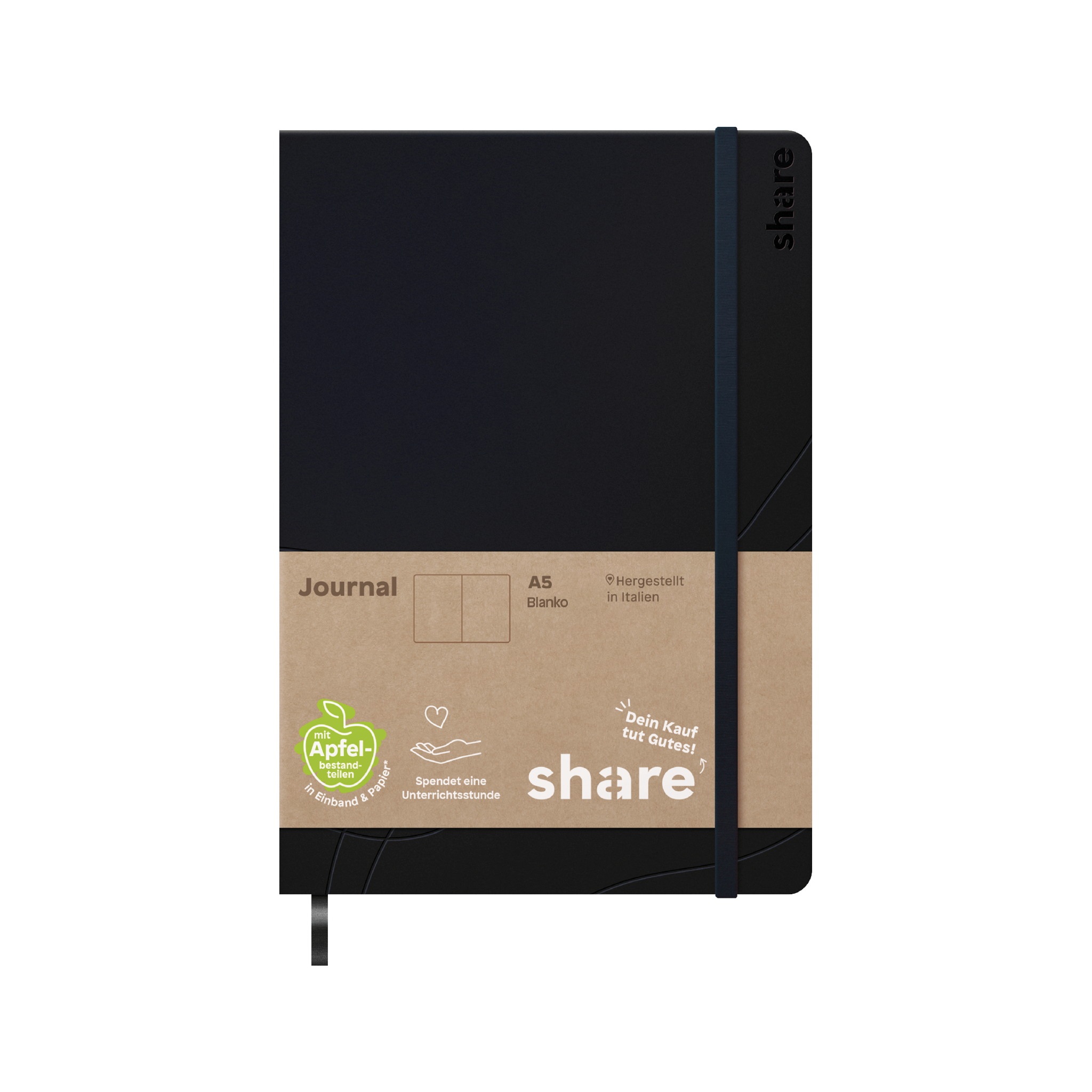 Ein lila Share Notizbuch A5 mit einem elastischen Verschluss und einem braunen Kraftpapieretikett unten, das eine Bildungsinitiative fördert.