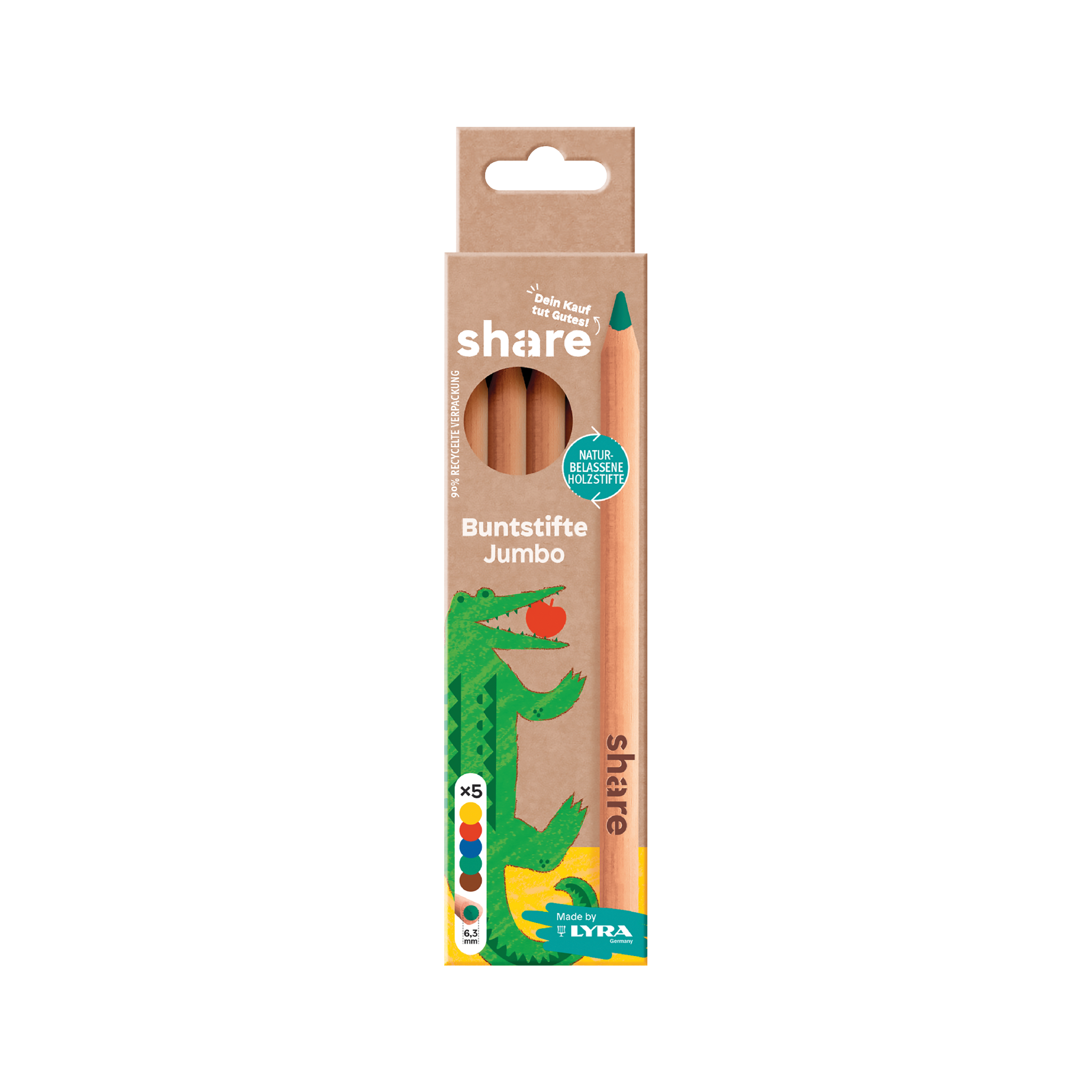 Eine Packung Share Buntstift Jumbo 5er-Set für Kinder mit einer lebendigen Illustration eines grünen, freundlichen Krokodils, mit Schwerpunkt auf umweltfreundlichen Materialien und einem „Share“-Thema.