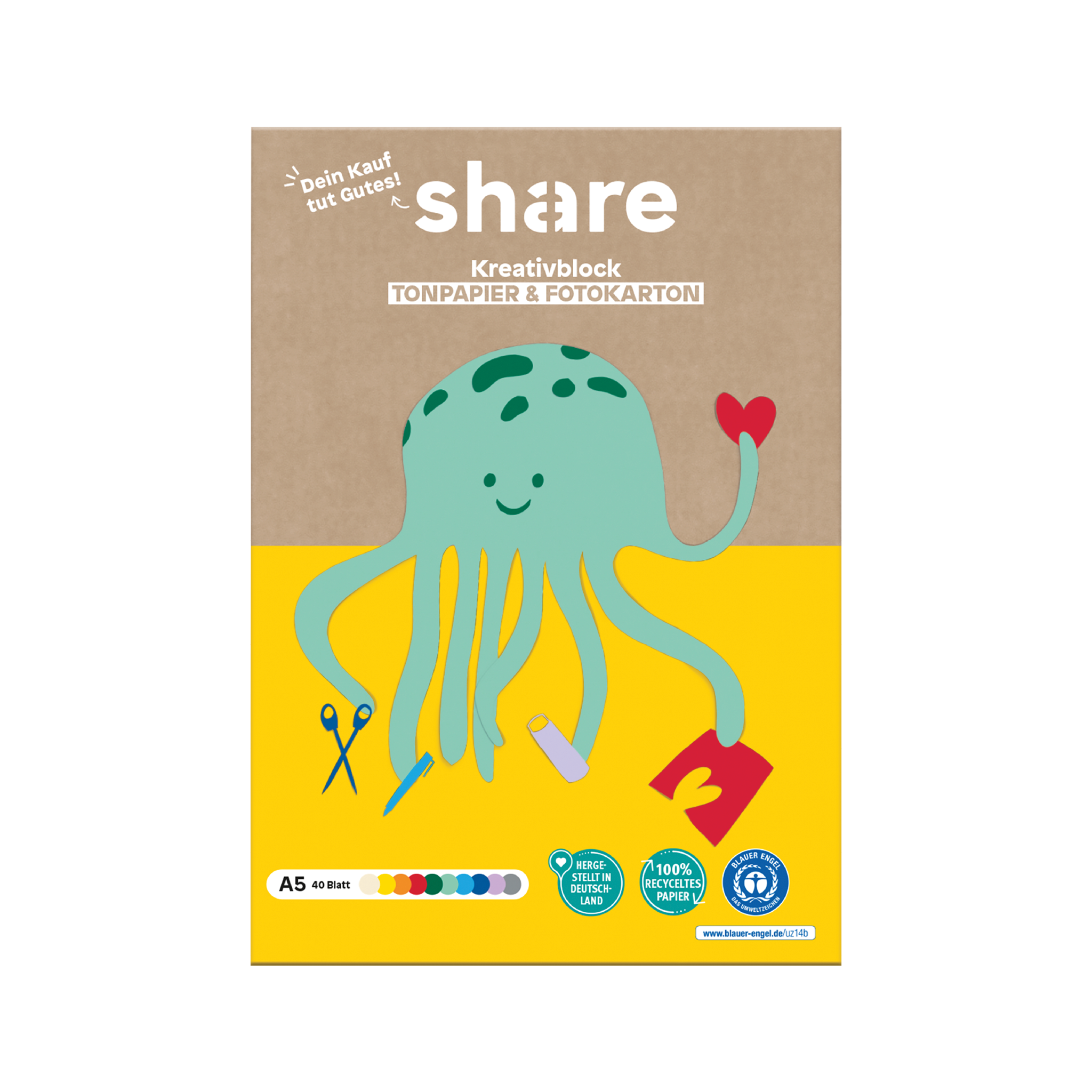 Eine Illustration eines fröhlichen grünen Oktopus, der künstlerisches Schaffen betreibt, abgebildet auf dem Cover des Share Kreativ-Bastelblocks mehrfarbig A5, der Zeichenpapier und Fotokarten enthält. Das Aktienprodukt.