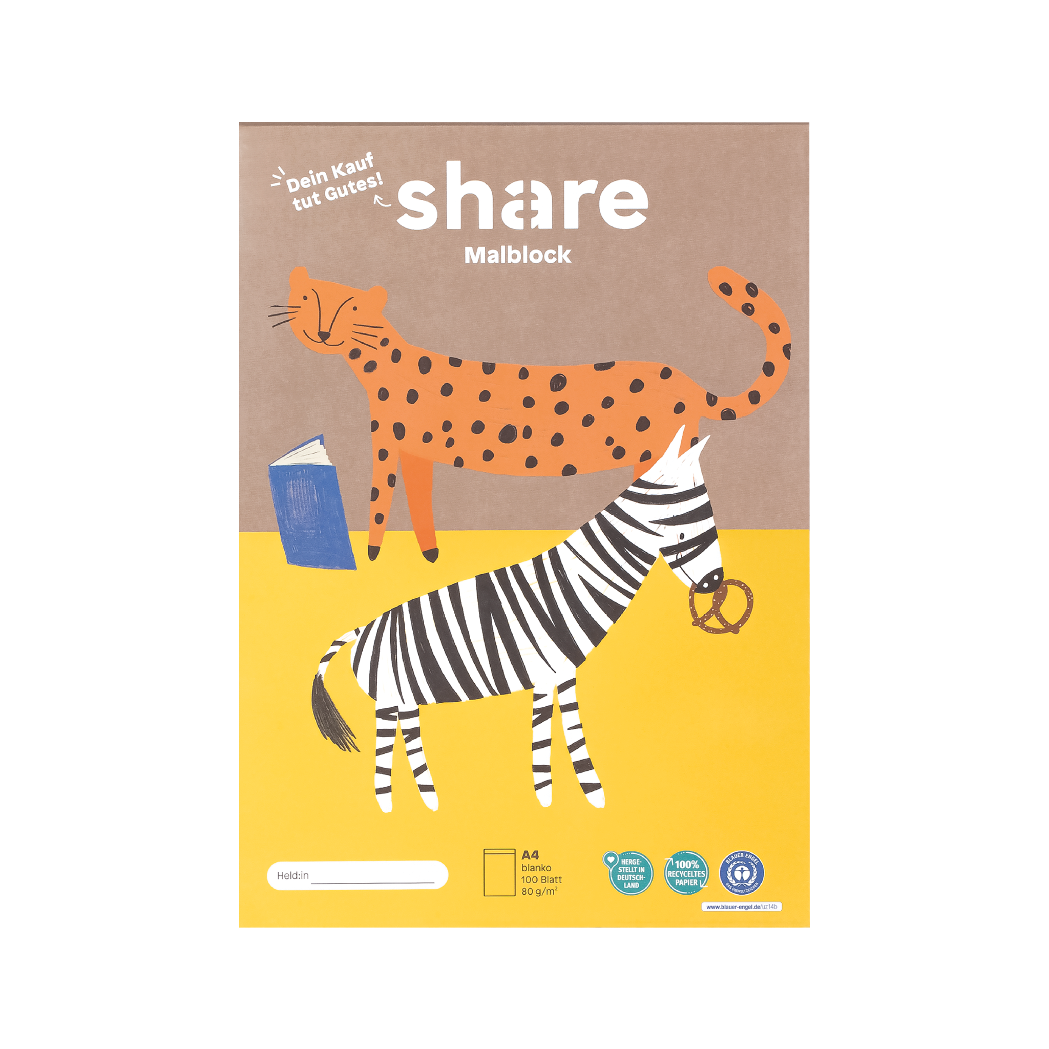 Kreativer und skurriler Share Malblock A4 mit verspielten Tierillustrationen mit gemischten Mustern, die künstlerischen Ausdruck und nachhaltigen Konsum fördern.