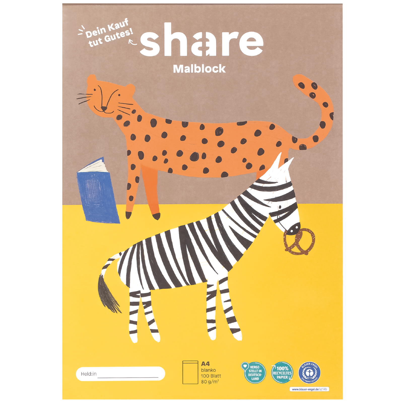 Kreativer und skurriler Share Malblock A4 mit verspielten Tierillustrationen mit gemischten Mustern, die künstlerischen Ausdruck und nachhaltigen Konsum fördern.