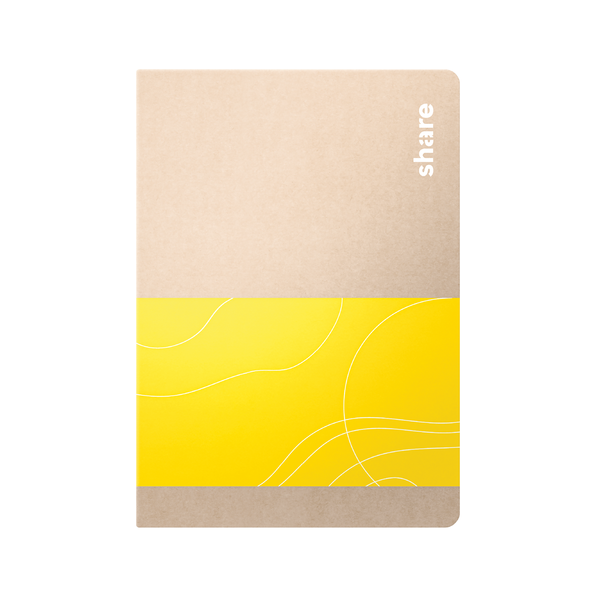 Ein minimalistisches Share-Notizheft A6 mit einem Basteleinband mit gelbem, abstraktem Design und dem Aufdruck des Wortes „Share“ in der oberen rechten Ecke.