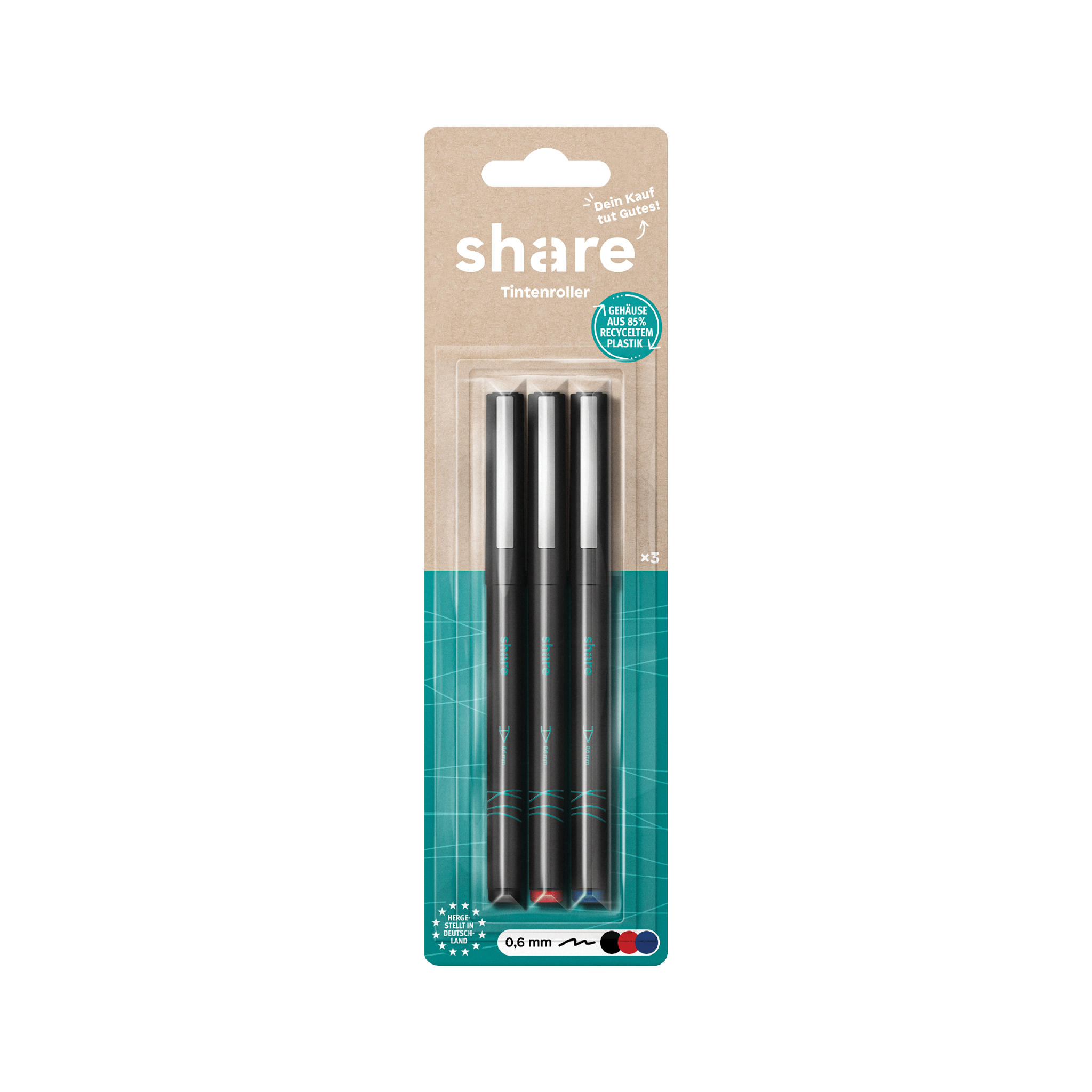 Eine Packung mit zwei schwarzen Share-Fineliner-Stiften auf einer Pappunterlage mit sichtbarem Markennamen „Schreibware spendet“, der präzises Schreiben mit einer 0,6-mm-Spitze betont und Nachhaltigkeit fördert.
