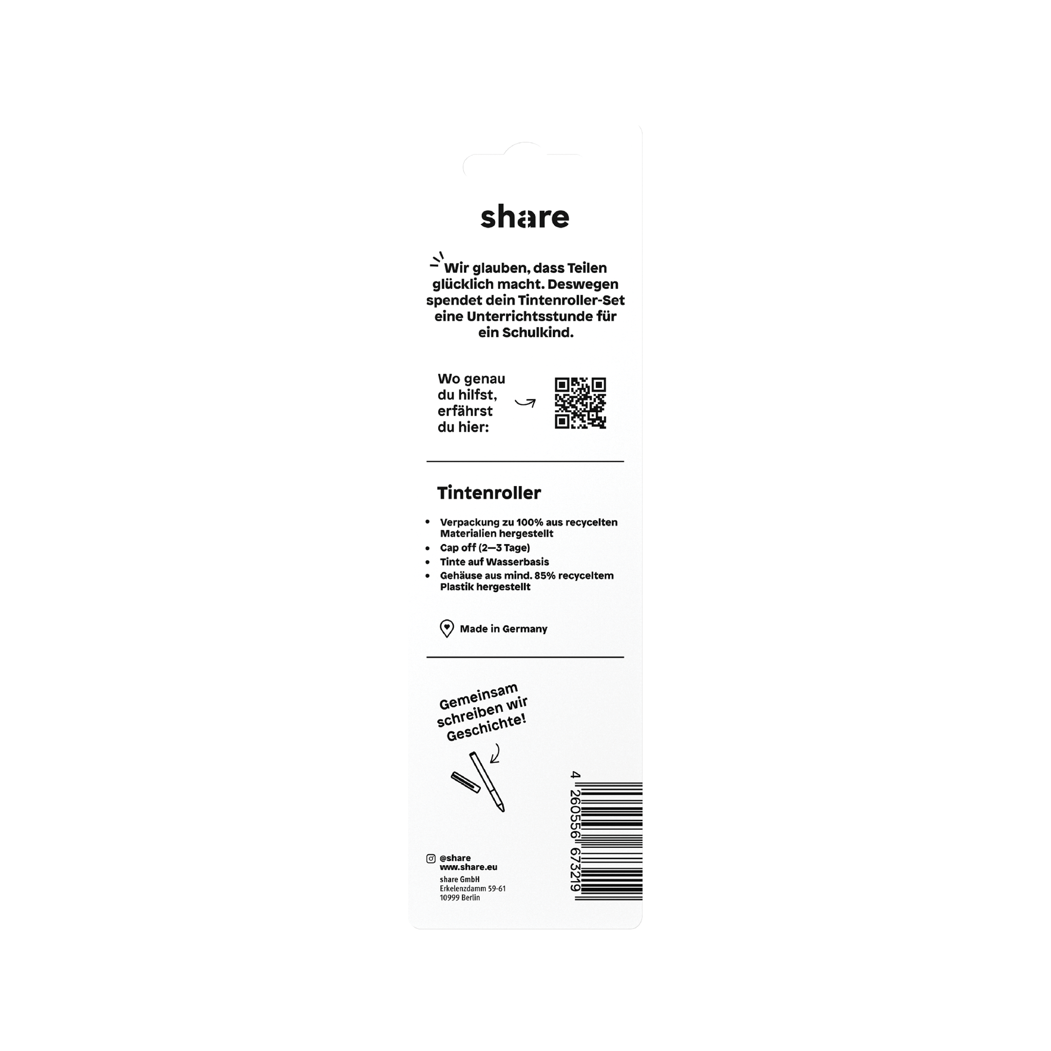 Eine Packung mit zwei schwarzen Share-Fineliner-Stiften auf einer Pappunterlage mit sichtbarem Markennamen „Schreibware spendet“, der präzises Schreiben mit einer 0,6-mm-Spitze betont und Nachhaltigkeit fördert.