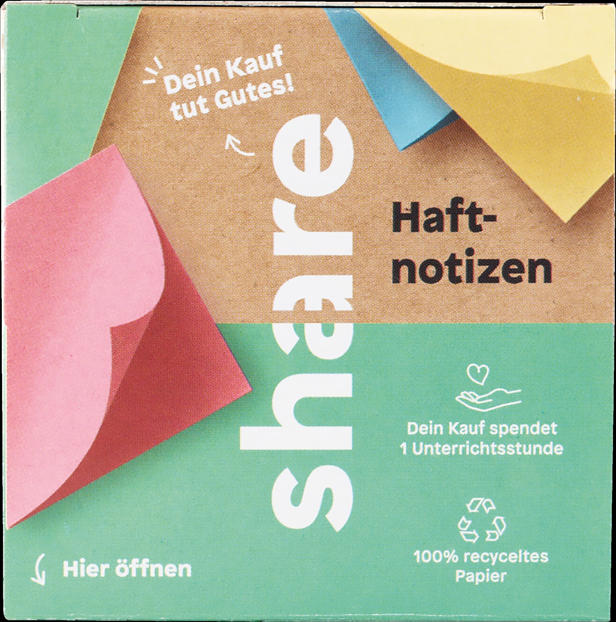Eine Packung Share Haftnotizblock-Haftnotizen mit Text, der die Produktmerkmale hervorhebt, wie „1 Block in 5 Farben“, „100 Blatt pro Farbe“ und „Made in Germany“, was auf Qualität und Vielfalt hinweist.