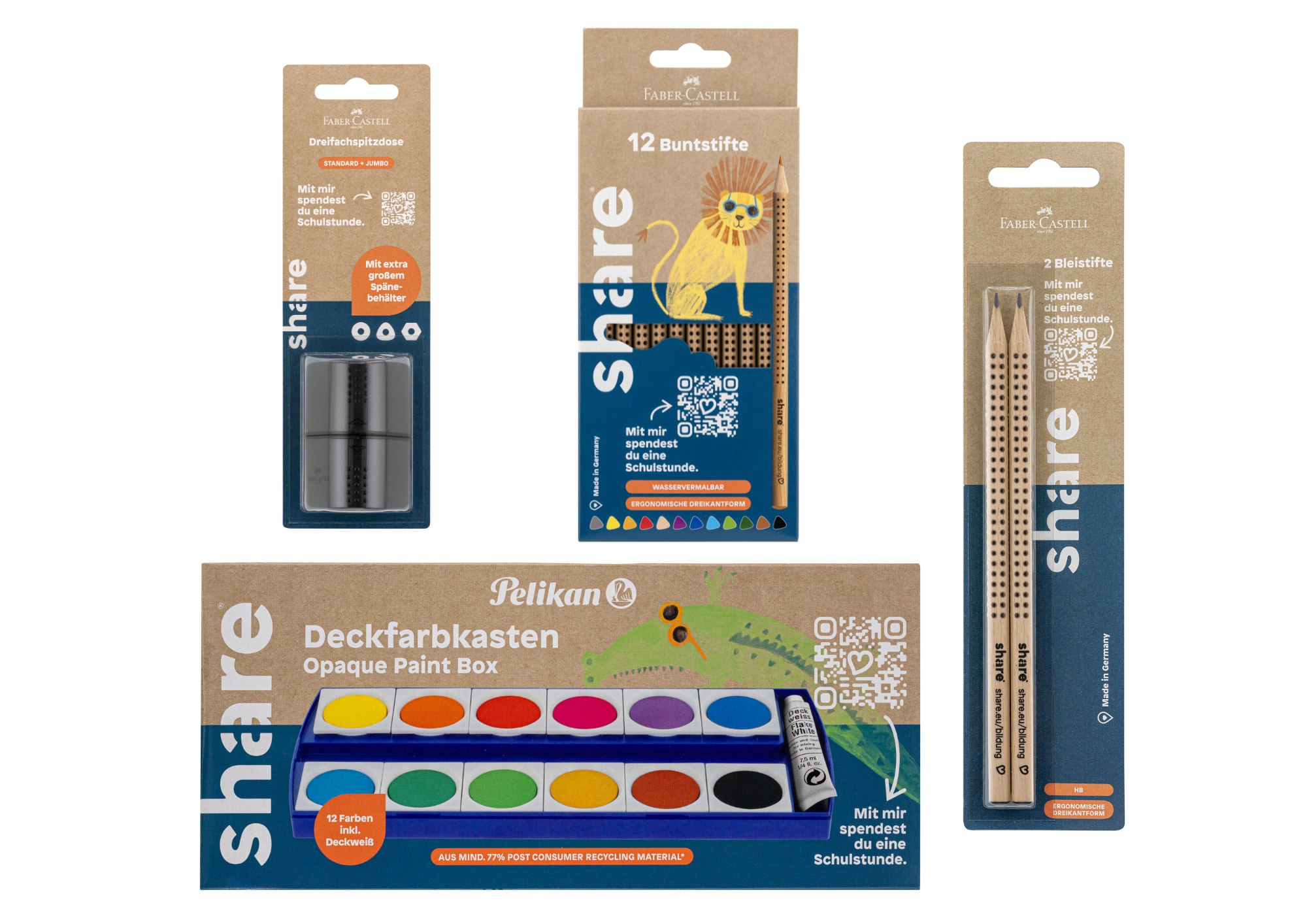 Das share Einschulungs-Bundle Mini von share enthält nachhaltige Schreibwaren wie schwarze Stifte, Buntstifte, Lineal und Malkasten mit Pinseln. Ideal als umweltfreundliches Schulstarter-Bundle zur Einschulung, präsentiert auf weißem Hintergrund.