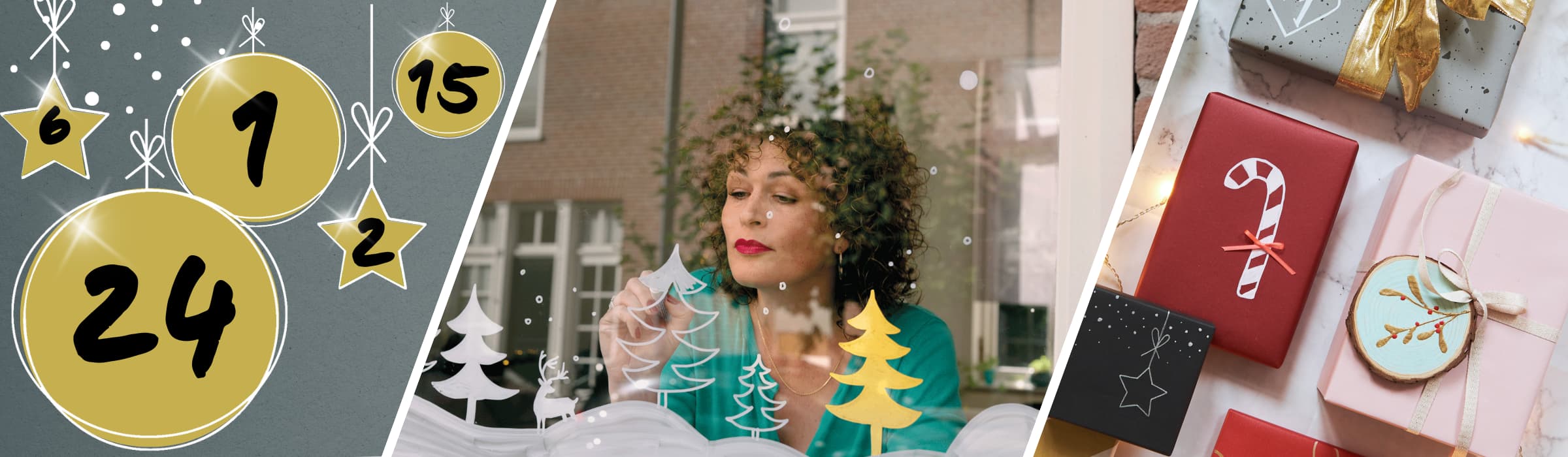 Adventskalenderkugeln und weihnachtliche Motive in Collage