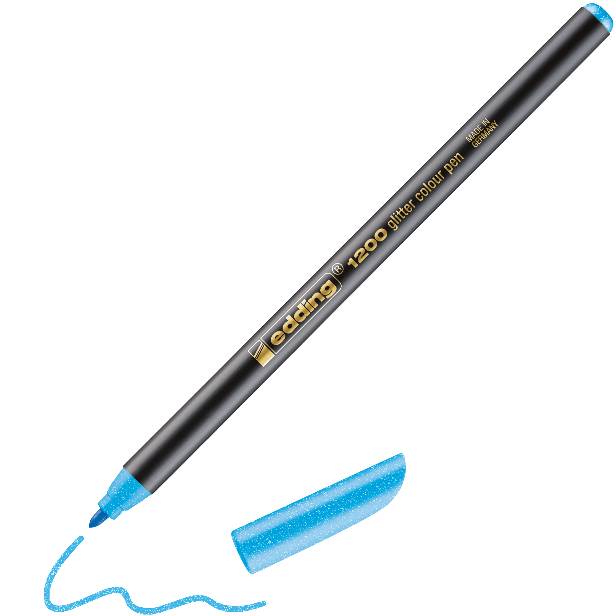 Ein edding 1200 Glitzer-Fasermaler in Schwarz und Gold mit blauer Spitze und 3 mm Rundspitze zeichnet eine wellenförmige blaue Linie, während die passende blaue Kappe neben der Stiftspitze liegt.