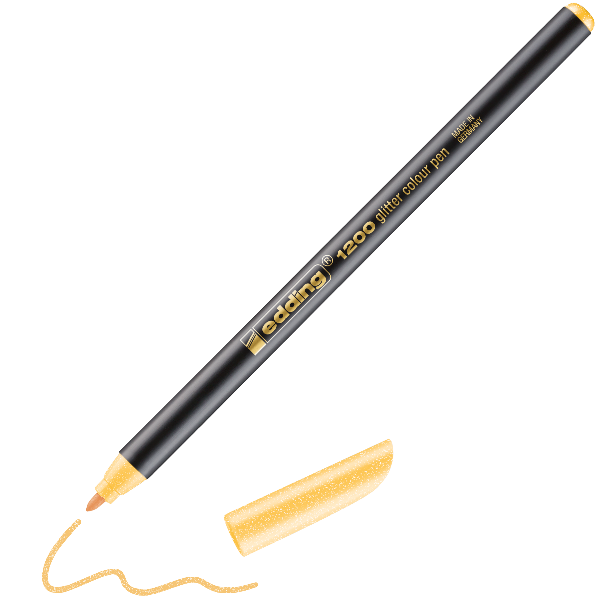 Ein edding 1200 Glitzer-Fasermaler von edding mit schwarzem Schaft, goldener Spitze und Kappe und schnelltrocknender Tinte liegt neben einer goldenen Schnörkellinie auf weißem Hintergrund.