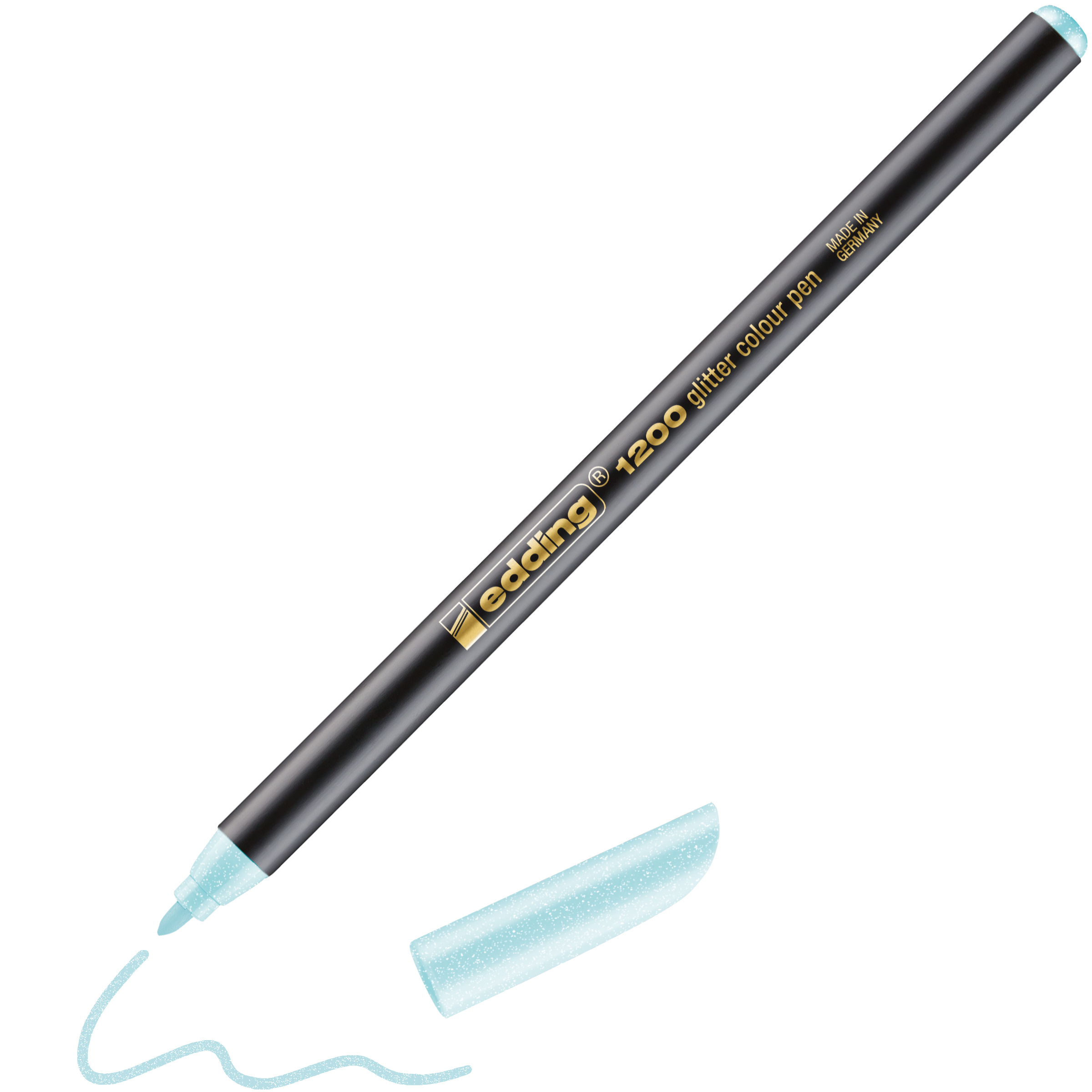 Ein hellblauer edding 1200 Glitzer-Fasermaler mit der Kappe daneben zeigt eine Wellenlinie, die von seiner schnelltrocknenden Tinte und der präzisen 3-mm-Rundspitze gezogen wird.