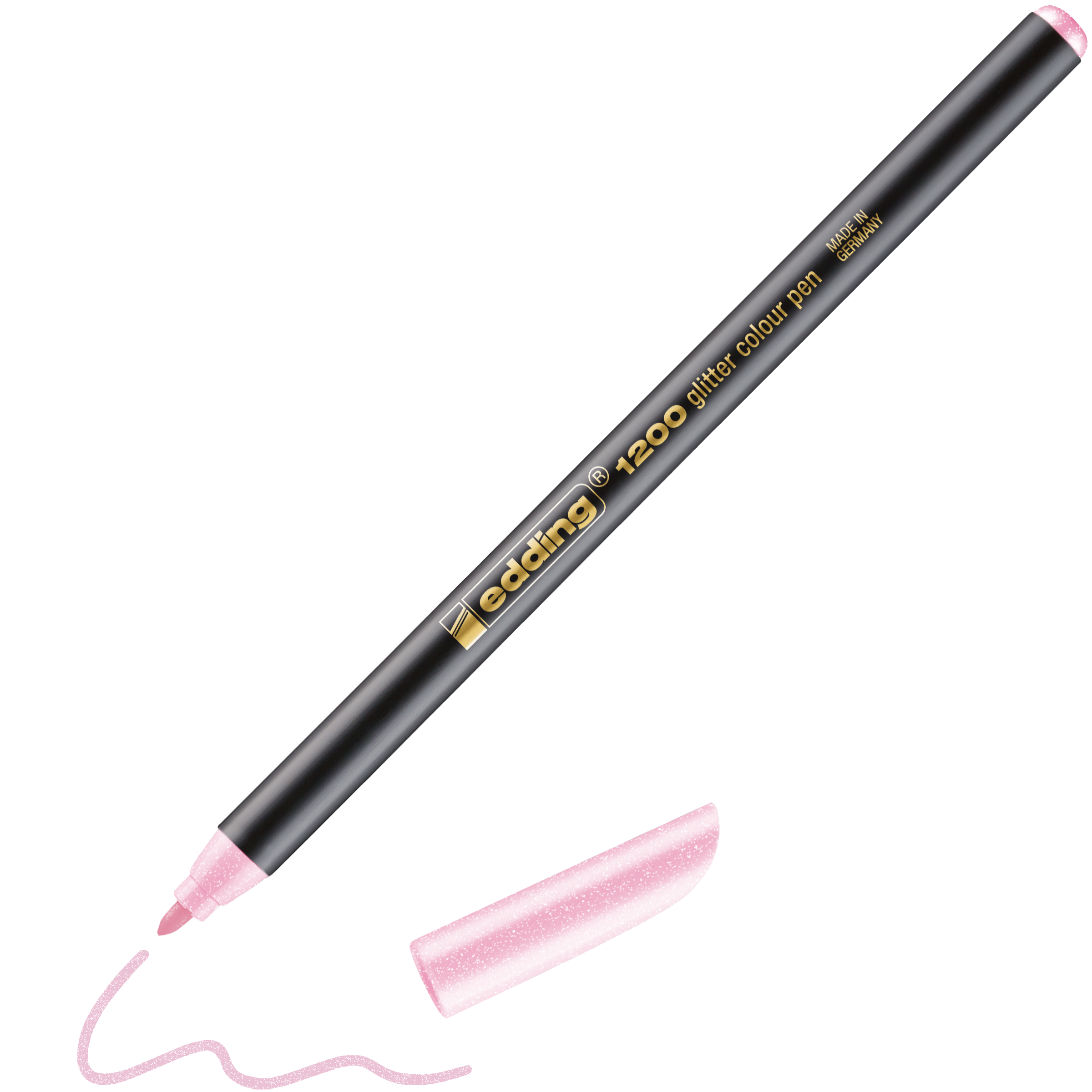 Ein edding 1200 glitzer Fasermaler von edding in Schwarz mit schnelltrocknender Tinte und pinker 3 mm Rundspitze zeichnet eine wellige pinke Glitzerlinie. Der Stift liegt diagonal, die Kappe ist abgenommen und daneben platziert.
