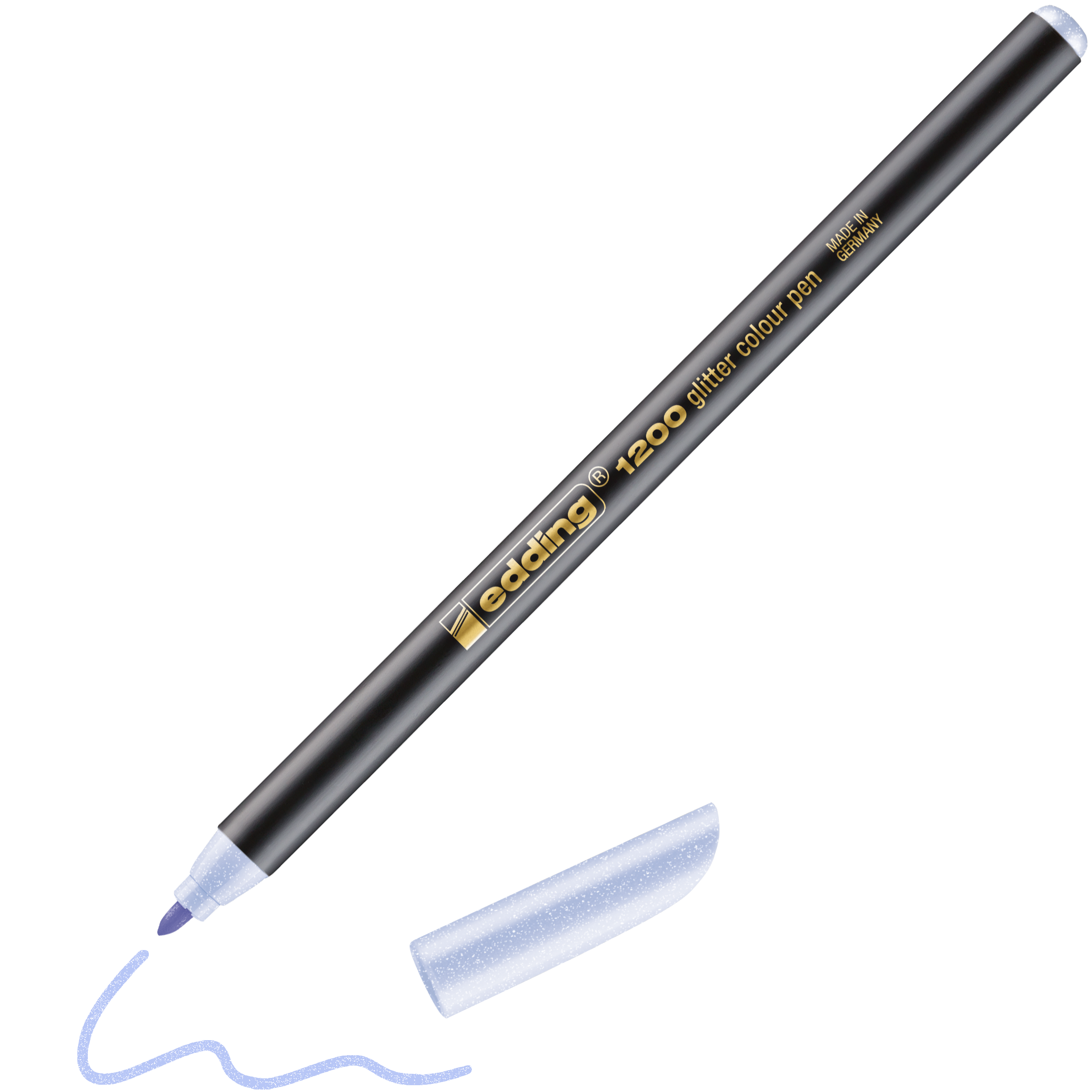 Ein schwarzer edding 1200 Glitzer Fasermaler von edding ohne silberne Kappe, so dass eine violette 3-mm-Rundspitze und eine darunter gezeichnete, gewellte, violette Glitzerlinie zum Vorschein kommen.