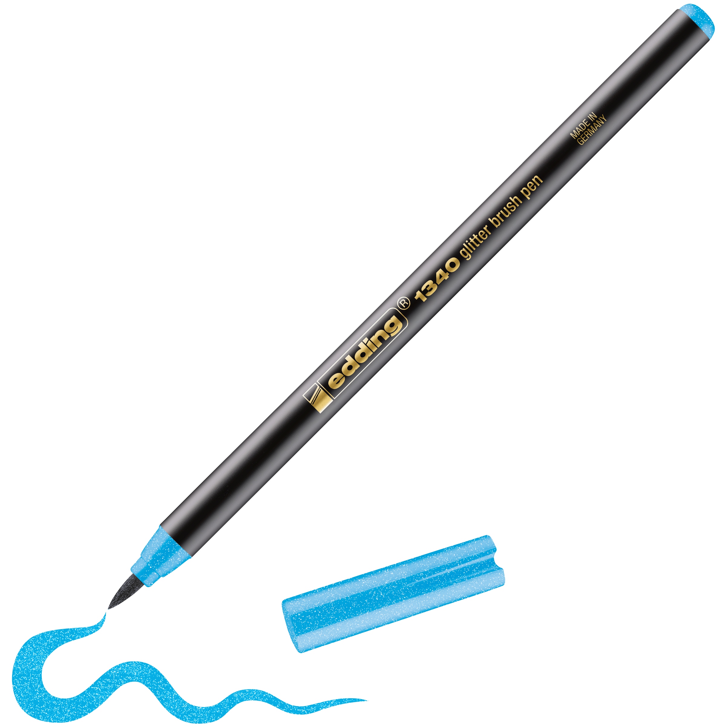edding 1340 glitzer Pinselstift in blau glitzer mit offener Kappe und einem gemaltem Strich