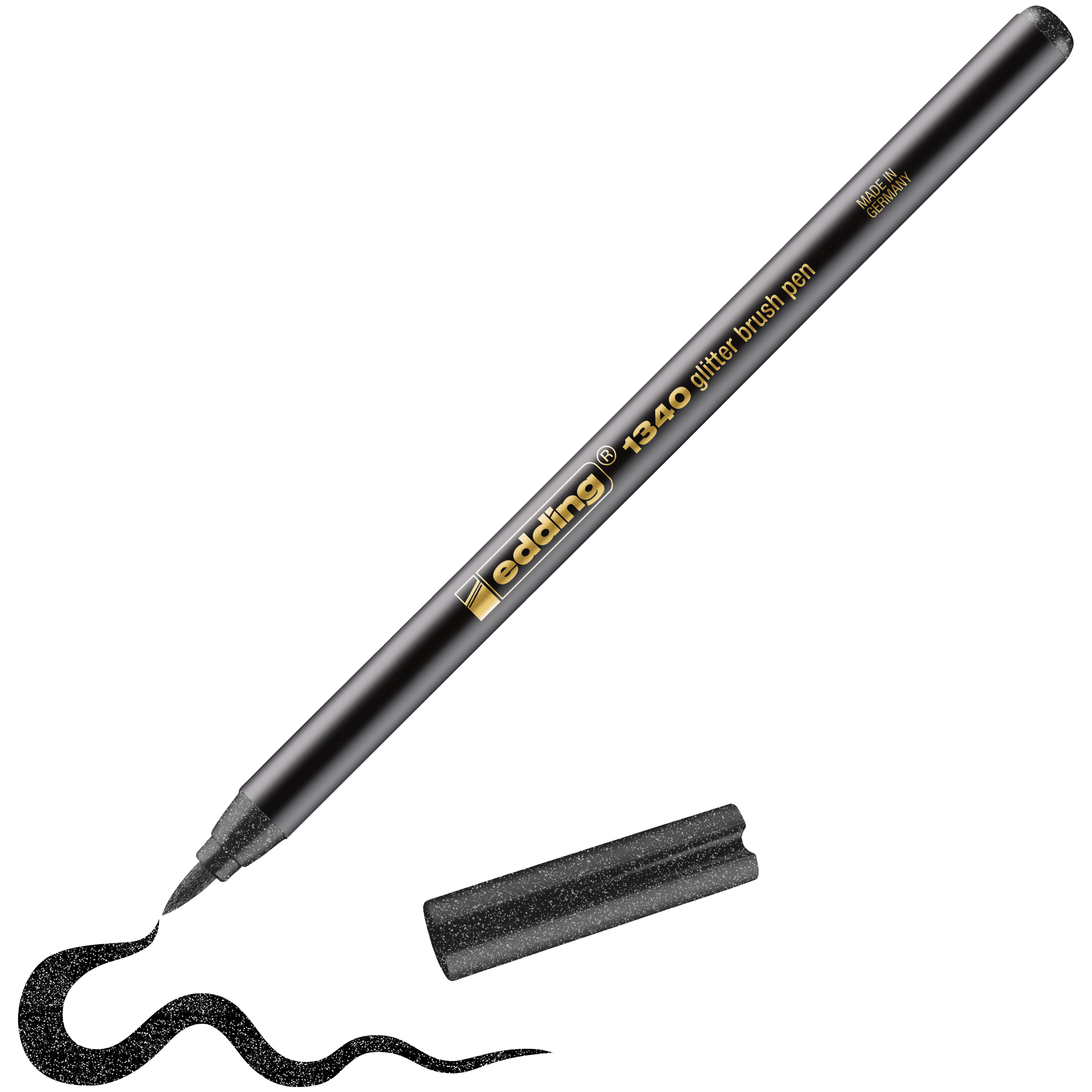 edding 1340 glitzer Pinselstift in schwarz glitzer mit offener Kappe und einem gemaltem Strich