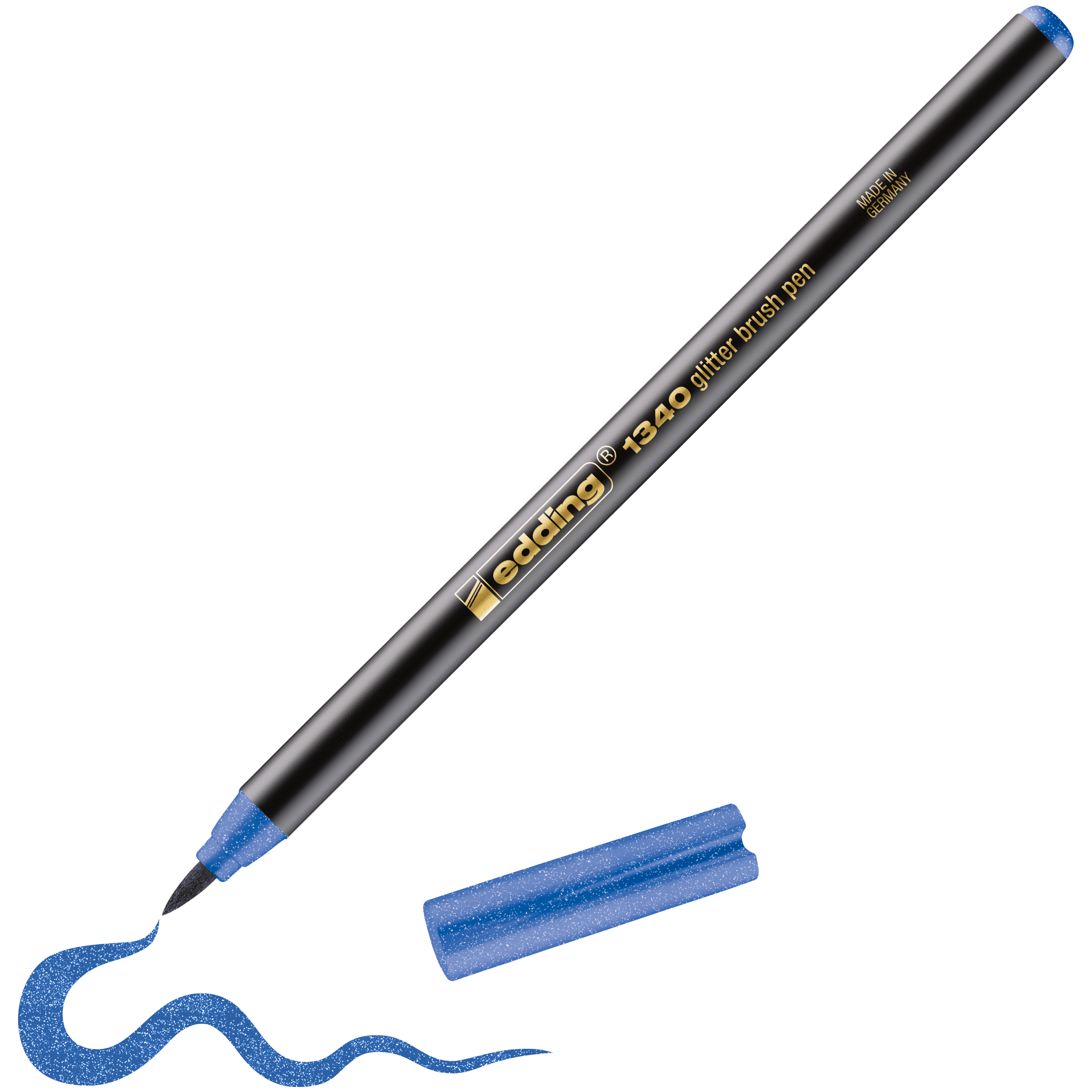 edding 1340 glitzer Pinselstift in blau glitzer mit offener Kappe und einem gemaltem Strich