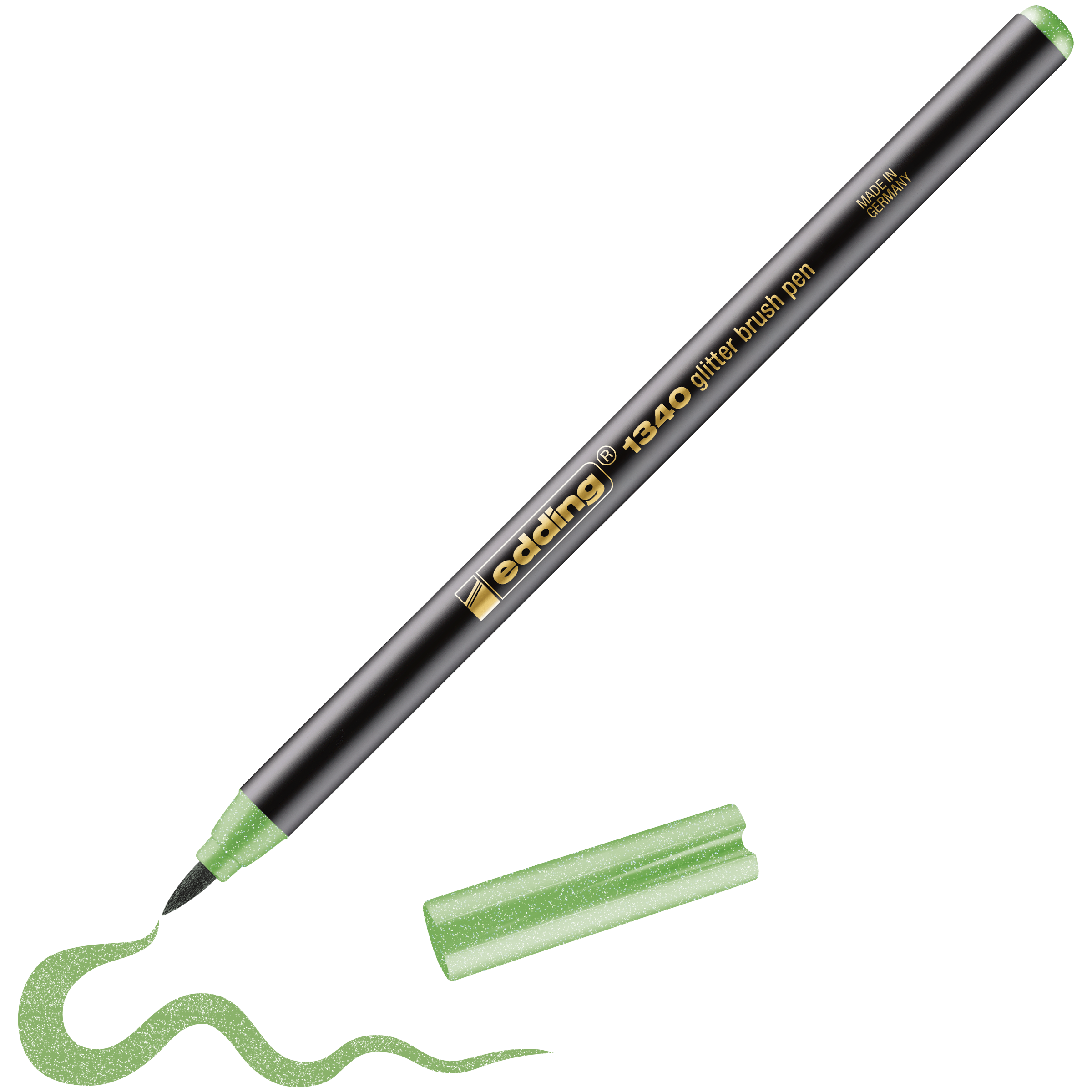 edding 1340 glitzer Pinselstift in hellgrün glitzer mit offener Kappe und einem gemaltem Strich