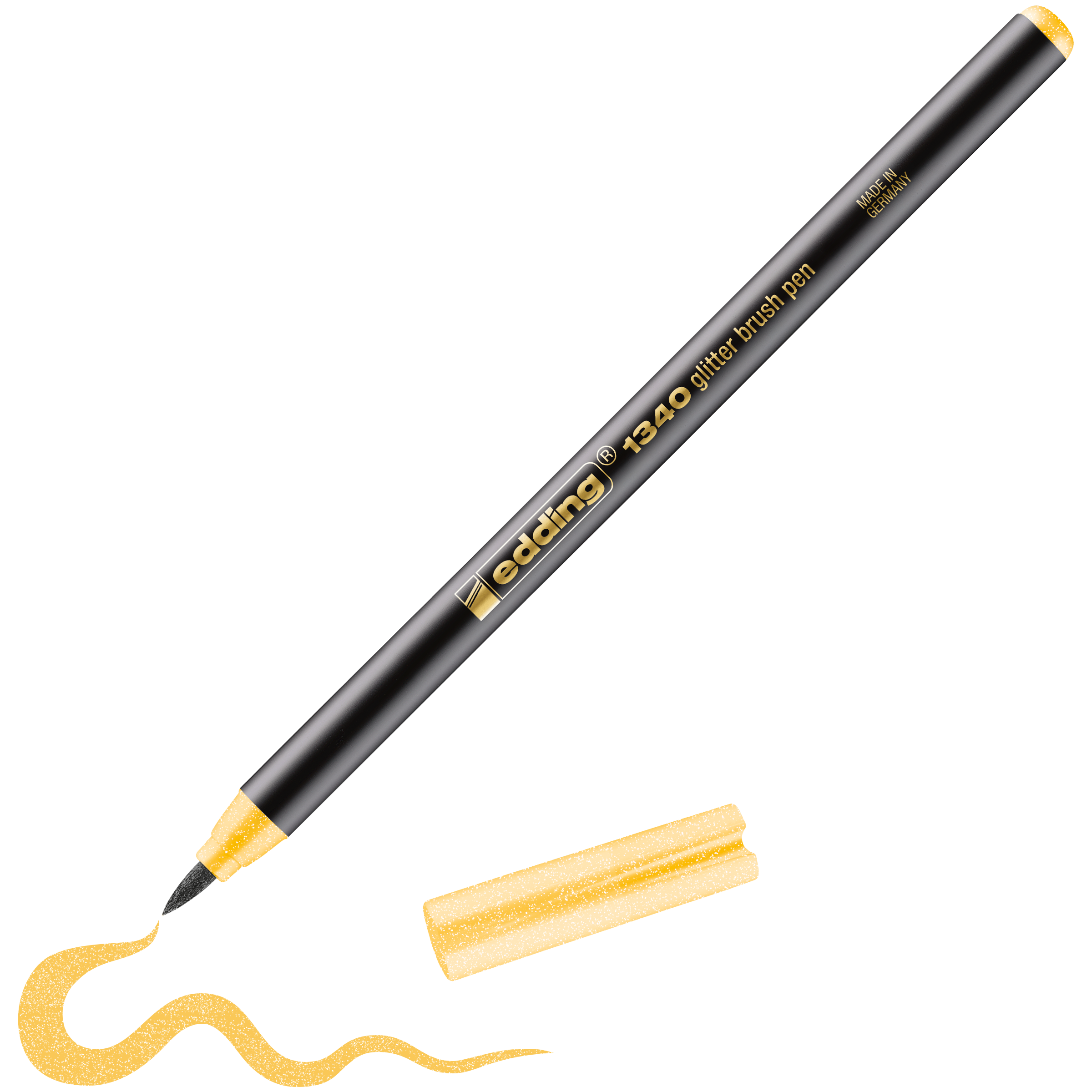 edding 1340 glitzer Pinselstift in ockergelb glitzer mit offener Kappe und einem gemaltem Strich