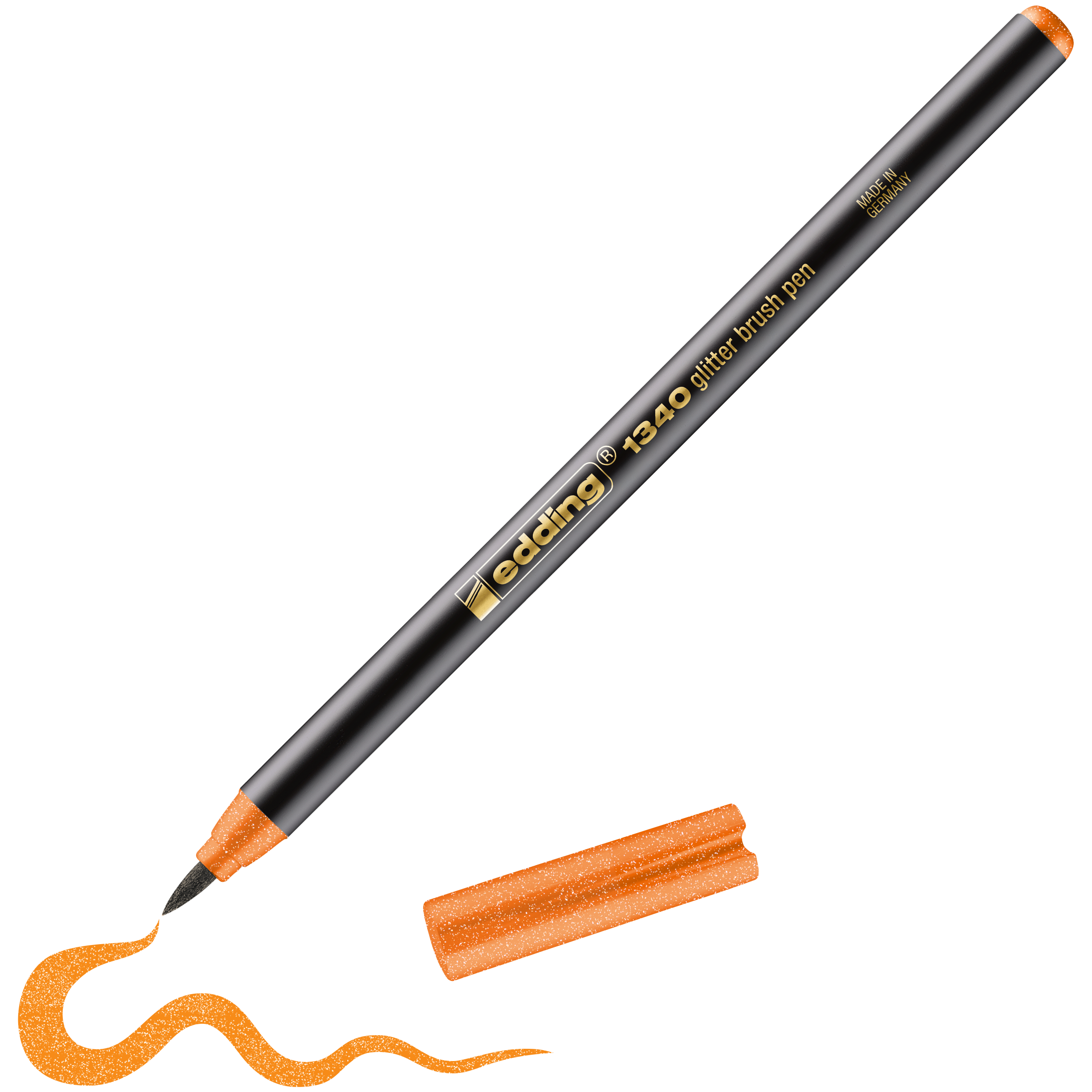 edding 1340 glitzer Pinselstift in orange glitzer mit offener Kappe und einem gemaltem Strich